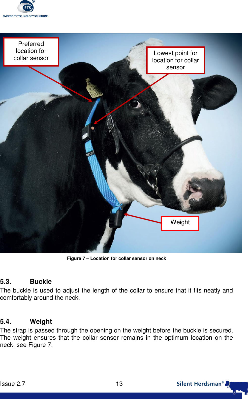      Issue 2.7    13    Figure 7 &ndash; Location for collar sensor on neck  5.3. Buckle The buckle is used to adjust the length of the collar to ensure that it fits neatly and comfortably around the neck.  5.4.  Weight The strap is passed through the opening on the weight before the buckle is secured. The weight ensures that  the collar sensor remains in the optimum location on the neck, see Figure 7.   Lowest point for location for collar sensor Weight Preferred location for collar sensor 