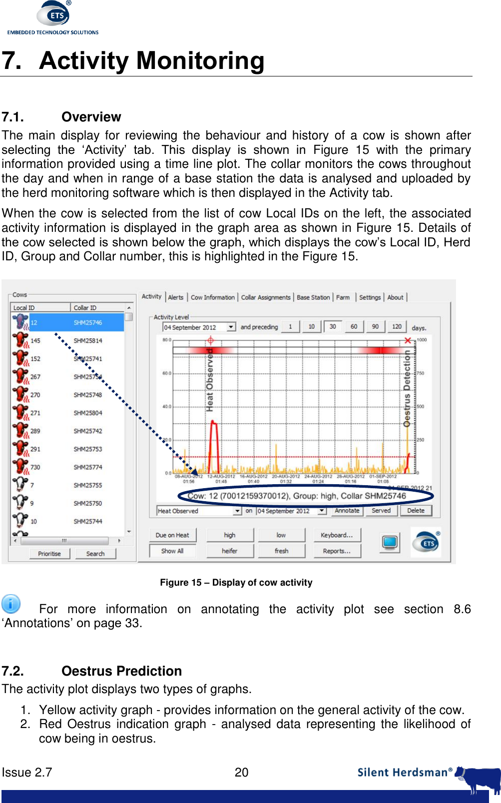      Issue 2.7    20  7. Activity Monitoring  7.1.  Overview The  main  display for reviewing the  behaviour and history  of a cow  is  shown after selecting  the  &lsquo;Activity&rsquo;  tab.  This  display  is  shown  in  Figure  15  with  the  primary information provided using a time line plot. The collar monitors the cows throughout the day and when in range of a base station the data is analysed and uploaded by the herd monitoring software which is then displayed in the Activity tab. When the cow is selected from the list of cow Local IDs on the left, the associated activity information is displayed in the graph area as shown in Figure 15. Details of the cow selected is shown below the graph, which displays the cow&rsquo;s Local ID, Herd ID, Group and Collar number, this is highlighted in the Figure 15.  Figure 15 &ndash; Display of cow activity   For  more  information  on  annotating  the  activity  plot  see  section  8.6 &lsquo;Annotations&rsquo; on page 33.  7.2.  Oestrus Prediction The activity plot displays two types of graphs.  1.  Yellow activity graph - provides information on the general activity of the cow.  2.  Red  Oestrus  indication  graph  - analysed  data  representing  the likelihood of cow being in oestrus.  