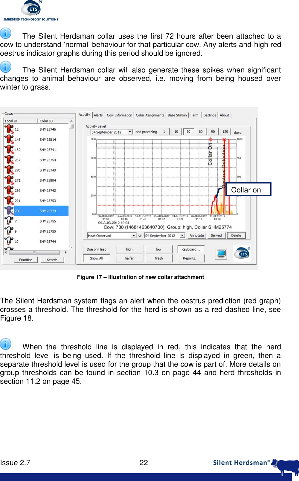      Issue 2.7    22    The Silent Herdsman collar uses the first 72 hours after been attached to a cow to understand &lsquo;normal&rsquo; behaviour for that particular cow. Any alerts and high red oestrus indicator graphs during this period should be ignored.   The Silent Herdsman collar will also generate these spikes when significant changes  to  animal  behaviour  are  observed,  i.e.  moving  from  being  housed  over winter to grass.   Figure 17 &ndash; Illustration of new collar attachment  The Silent Herdsman system flags an alert when the oestrus prediction (red graph) crosses a threshold. The threshold for the herd is shown as a red dashed line, see Figure 18.     When  the  threshold  line  is  displayed  in  red,  this  indicates  that  the  herd threshold  level  is  being  used.  If  the  threshold  line  is  displayed  in  green,  then  a separate threshold level is used for the group that the cow is part of. More details on group thresholds can be found in section  10.3 on page 44 and herd thresholds in section 11.2 on page 45.  Collar on 