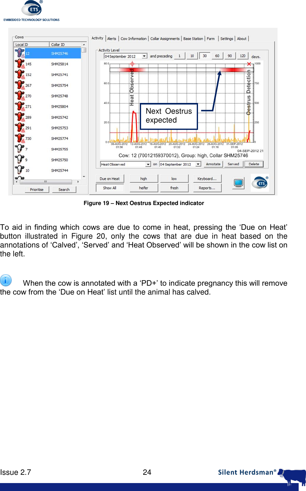      Issue 2.7    24   Figure 19 &ndash; Next Oestrus Expected indicator  To  aid  in  finding  which  cows  are  due  to  come  in  heat,  pressing  the  &lsquo;Due  on  Heat&rsquo; button  illustrated  in  Figure  20,  only  the  cows  that  are  due  in  heat  based  on  the annotations of &lsquo;Calved&rsquo;, &lsquo;Served&rsquo; and &lsquo;Heat Observed&rsquo; will be shown in the cow list on the left.    When the cow is annotated with a &lsquo;PD+&rsquo; to indicate pregnancy this will remove the cow from the &lsquo;Due on Heat&rsquo; list until the animal has calved.  Next  Oestrus expected  