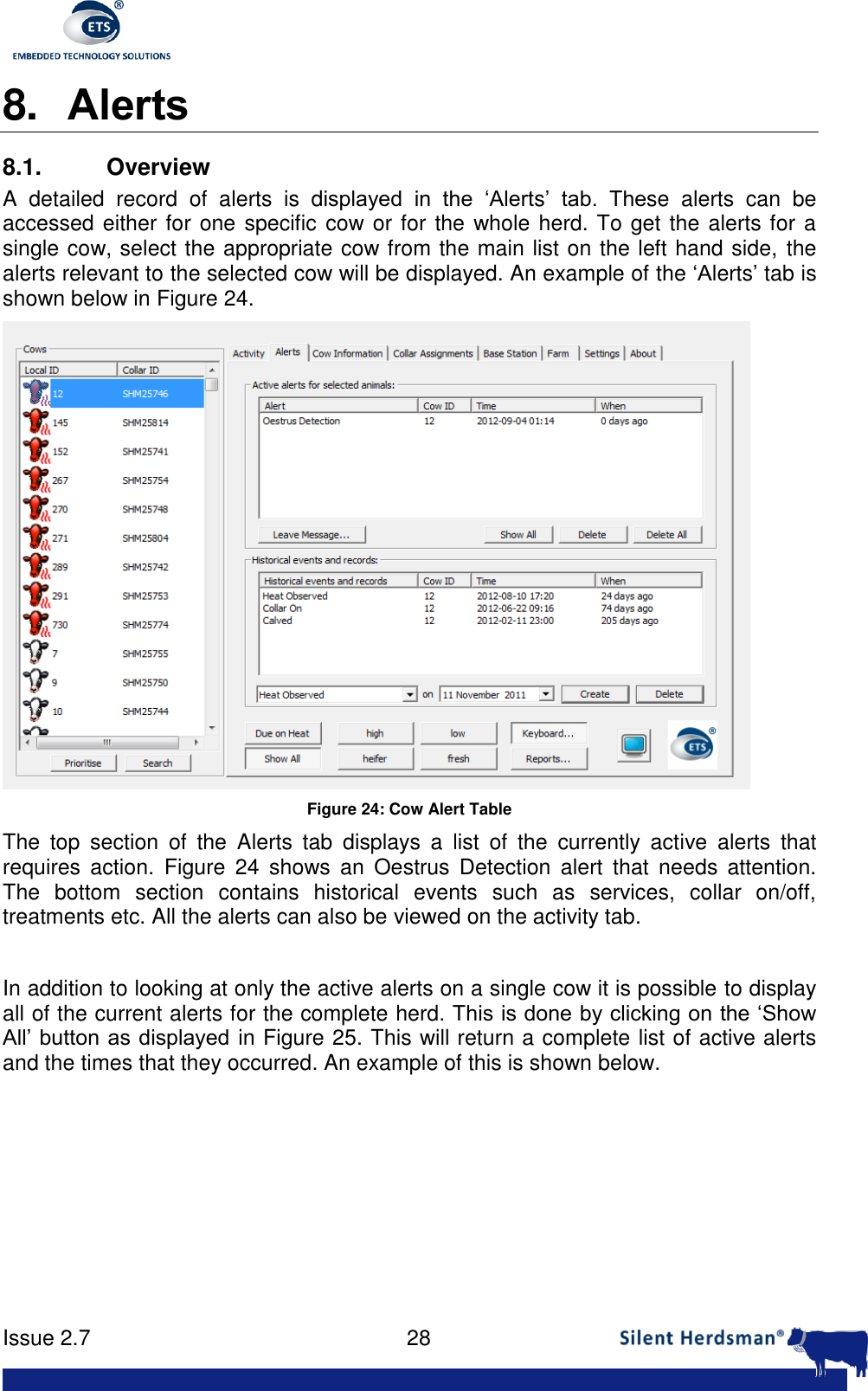      Issue 2.7    28  8. Alerts 8.1.  Overview A  detailed  record  of  alerts  is  displayed  in  the  &lsquo;Alerts&rsquo;  tab.  These  alerts  can  be accessed either for one specific cow or for the whole herd. To get the alerts for a single cow, select the appropriate cow from the main list on the left hand side, the alerts relevant to the selected cow will be displayed. An example of the &lsquo;Alerts&rsquo; tab is shown below in Figure 24.  Figure 24: Cow Alert Table The  top  section  of  the  Alerts  tab  displays  a  list  of  the  currently  active  alerts  that requires  action.  Figure  24  shows  an  Oestrus  Detection  alert  that  needs  attention. The  bottom  section  contains  historical  events  such  as  services,  collar  on/off, treatments etc. All the alerts can also be viewed on the activity tab.  In addition to looking at only the active alerts on a single cow it is possible to display all of the current alerts for the complete herd. This is done by clicking on the &lsquo;Show All&rsquo; button as displayed in Figure 25. This will return a complete list of active alerts and the times that they occurred. An example of this is shown below.    