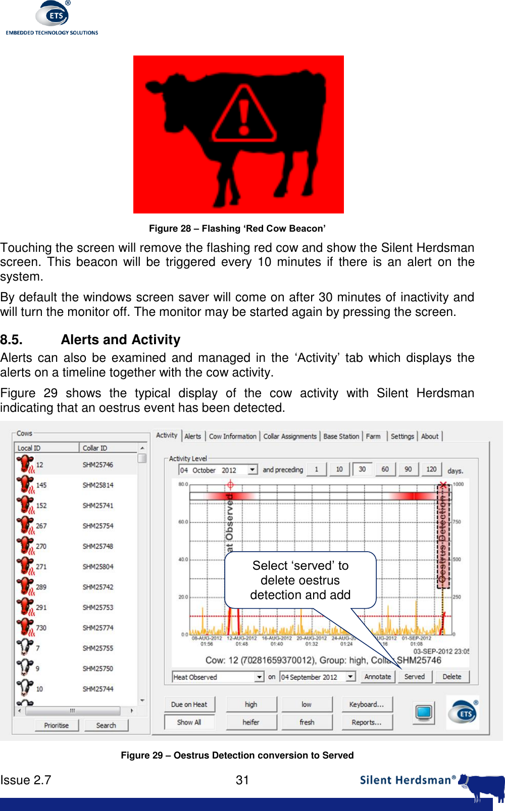      Issue 2.7    31   Figure 28 &ndash; Flashing &lsquo;Red Cow Beacon&rsquo; Touching the screen will remove the flashing red cow and show the Silent Herdsman screen.  This  beacon will  be  triggered  every  10  minutes if  there  is  an  alert  on  the system.  By default the windows screen saver will come on after 30 minutes of inactivity and will turn the monitor off. The monitor may be started again by pressing the screen. 8.5.  Alerts and Activity Alerts can  also be examined  and managed in  the  &lsquo;Activity&rsquo;  tab  which  displays the alerts on a timeline together with the cow activity. Figure  29  shows  the  typical  display  of  the  cow  activity  with  Silent  Herdsman indicating that an oestrus event has been detected.  Figure 29 &ndash; Oestrus Detection conversion to Served Select &lsquo;served&rsquo; to delete oestrus detection and add served annotation 