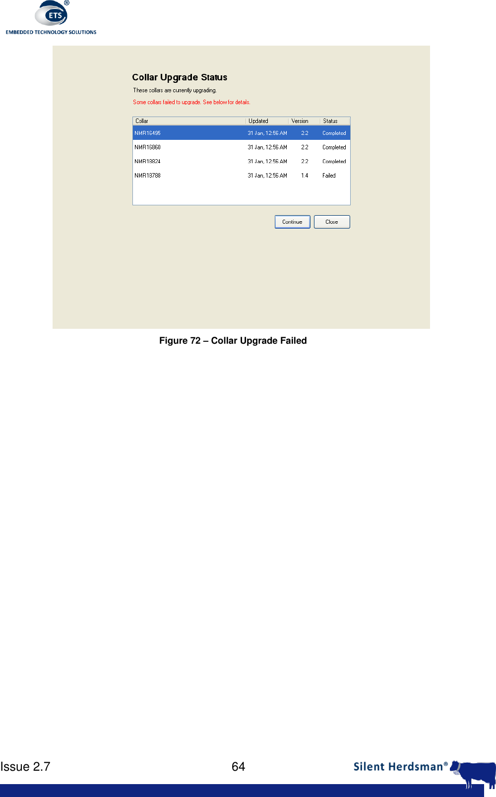      Issue 2.7    64   Figure 72 &ndash; Collar Upgrade Failed  