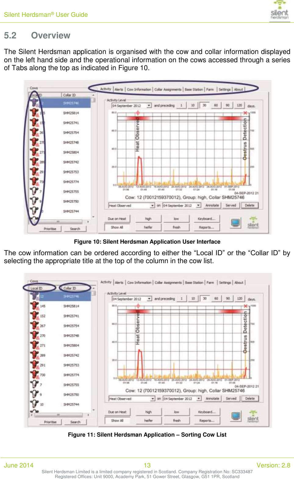 Silent Herdsman&reg; User Guide   June 2014 13 Version: 2.8 Silent Herdsman Limited is a limited company registered in Scotland. Company Registration No: SC333487 Registered Offices: Unit 9000, Academy Park, 51 Gower Street, Glasgow, G51 1PR, Scotland  5.2 Overview The Silent Herdsman application is organised with the cow and collar information displayed on the left hand side and the operational information on the cows accessed through a series of Tabs along the top as indicated in Figure 10.   Figure 10: Silent Herdsman Application User Interface The cow information can be ordered according to either the &ldquo;Local ID&rdquo; or the &ldquo;Collar ID&rdquo; by selecting the appropriate title at the top of the column in the cow list.   Figure 11: Silent Herdsman Application &ndash; Sorting Cow List 