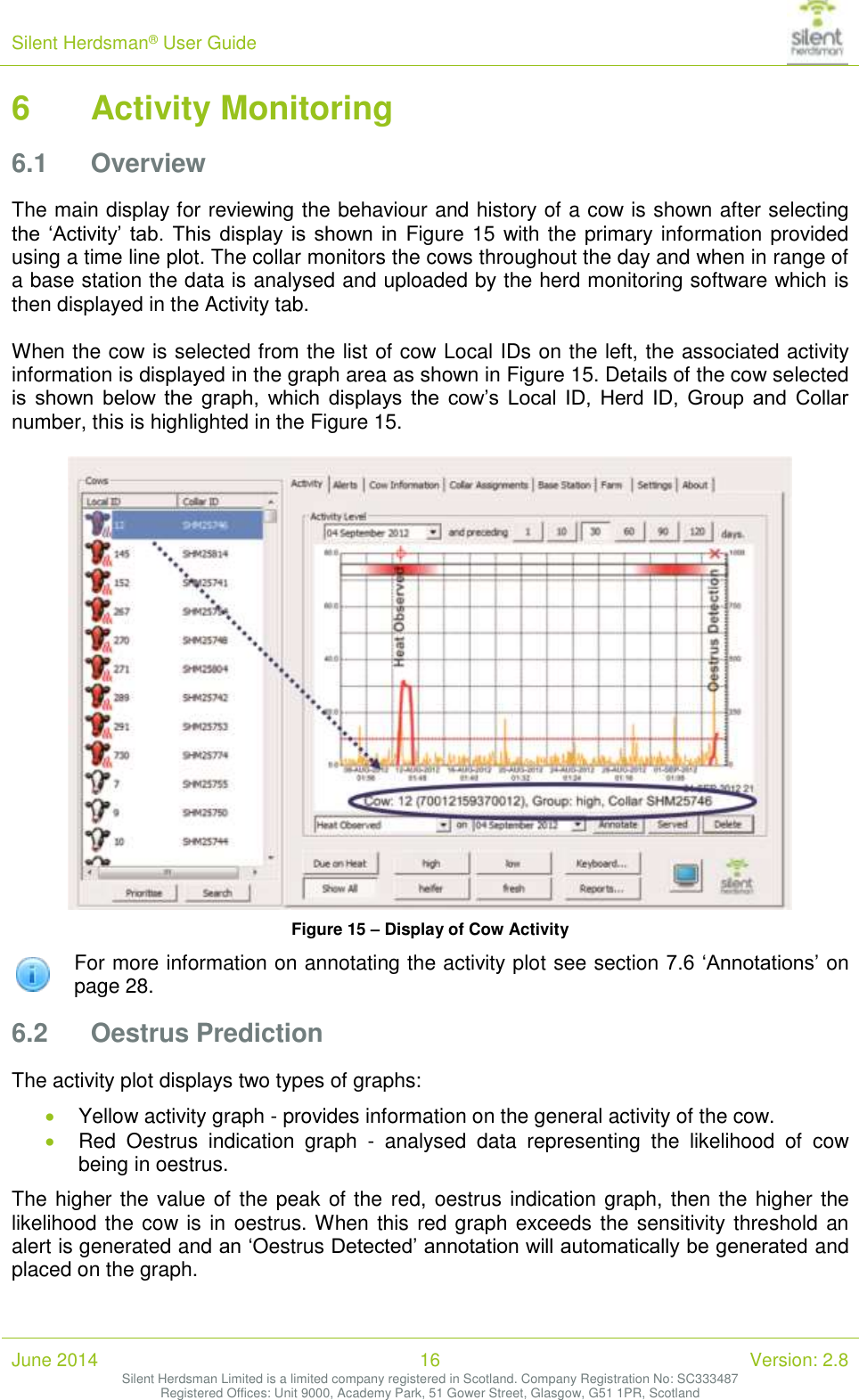 Silent Herdsman&reg; User Guide   June 2014 16 Version: 2.8 Silent Herdsman Limited is a limited company registered in Scotland. Company Registration No: SC333487 Registered Offices: Unit 9000, Academy Park, 51 Gower Street, Glasgow, G51 1PR, Scotland  6 Activity Monitoring 6.1 Overview The main display for reviewing the behaviour and history of a cow is shown after selecting the  &lsquo;Activity&rsquo; tab.  This  display is shown  in  Figure 15 with the primary information provided using a time line plot. The collar monitors the cows throughout the day and when in range of a base station the data is analysed and uploaded by the herd monitoring software which is then displayed in the Activity tab.  When the cow is selected from the list of cow Local IDs on the left, the associated activity information is displayed in the graph area as shown in Figure 15. Details of the cow selected is  shown  below  the  graph,  which  displays  the  cow&rsquo;s  Local  ID,  Herd  ID,  Group  and  Collar number, this is highlighted in the Figure 15.   Figure 15 &ndash; Display of Cow Activity  For more information on annotating the activity plot see section 7.6 &lsquo;Annotations&rsquo; on page 28. 6.2 Oestrus Prediction The activity plot displays two types of graphs:  Yellow activity graph - provides information on the general activity of the cow.   Red  Oestrus  indication  graph  -  analysed  data  representing  the  likelihood  of  cow being in oestrus. The higher the value of the peak of the red, oestrus indication graph, then the higher the likelihood the cow is in oestrus. When this red graph exceeds the sensitivity threshold an alert is generated and an &lsquo;Oestrus Detected&rsquo; annotation will automatically be generated and placed on the graph. 