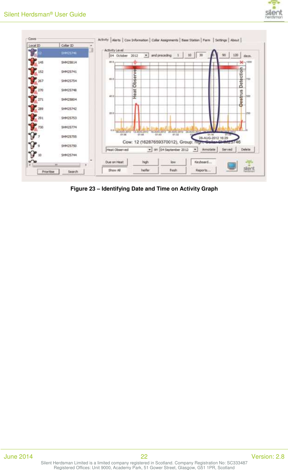 Silent Herdsman&reg; User Guide   June 2014 22 Version: 2.8 Silent Herdsman Limited is a limited company registered in Scotland. Company Registration No: SC333487 Registered Offices: Unit 9000, Academy Park, 51 Gower Street, Glasgow, G51 1PR, Scotland   Figure 23 &ndash; Identifying Date and Time on Activity Graph 