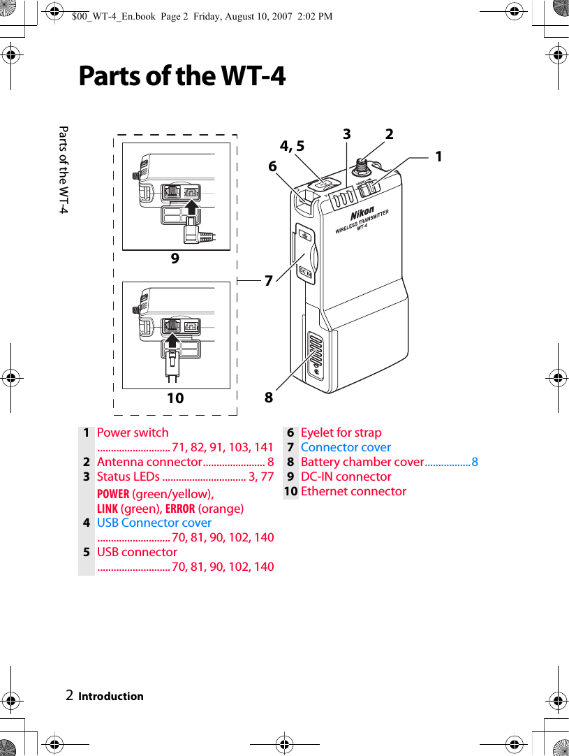 2Parts of the WT-4IntroductionParts of the WT-486179104, 5 231Power switch...........................71, 82, 91, 103, 1412Antenna connector....................... 83Status LEDs ............................... 3, 77POWER (green/yellow), LINK (green), ERROR (orange)4USB Connector cover...........................70, 81, 90, 102, 1405USB connector...........................70, 81, 90, 102, 1406Eyelet for strap7Connector cover8Battery chamber cover.................89DC-IN connector10 Ethernet connector$00_WT-4_En.book  Page 2  Friday, August 10, 2007  2:02 PM