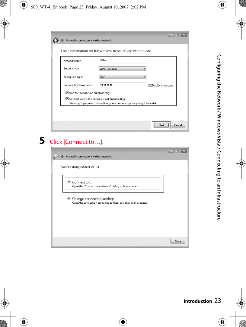 Configuring the Network / Windows Vista / Connecting to an Infrastructure Introduction 235Click [Connect to…].$00_WT-4_En.book  Page 23  Friday, August 10, 2007  2:02 PM