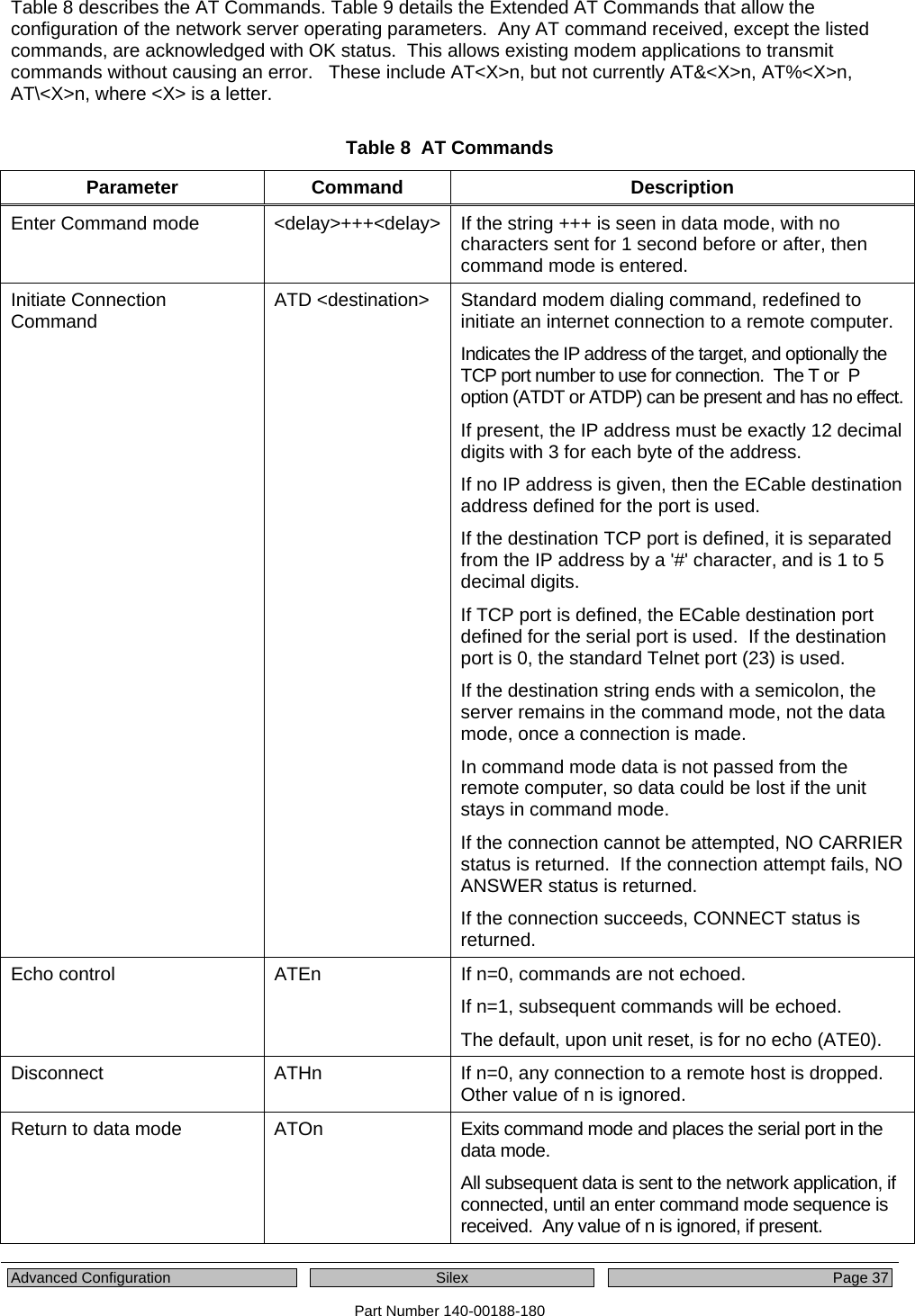  Advanced Configuration  Silex  Page 37 Part Number 140-00188-180 Table 8 describes the AT Commands. Table 9 details the Extended AT Commands that allow the configuration of the network server operating parameters.  Any AT command received, except the listed commands, are acknowledged with OK status.  This allows existing modem applications to transmit commands without causing an error.   These include AT&lt;X&gt;n, but not currently AT&amp;&lt;X&gt;n, AT%&lt;X&gt;n, AT\&lt;X&gt;n, where &lt;X&gt; is a letter.   Table 8  AT Commands Parameter Command  Description Enter Command mode  &lt;delay&gt;+++&lt;delay&gt; If the string +++ is seen in data mode, with no characters sent for 1 second before or after, then command mode is entered.   Initiate Connection Command   ATD &lt;destination&gt;   Standard modem dialing command, redefined to initiate an internet connection to a remote computer.  Indicates the IP address of the target, and optionally the TCP port number to use for connection.  The T or  P option (ATDT or ATDP) can be present and has no effect. If present, the IP address must be exactly 12 decimal digits with 3 for each byte of the address.  If no IP address is given, then the ECable destination address defined for the port is used. If the destination TCP port is defined, it is separated from the IP address by a &apos;#&apos; character, and is 1 to 5 decimal digits.   If TCP port is defined, the ECable destination port defined for the serial port is used.  If the destination port is 0, the standard Telnet port (23) is used. If the destination string ends with a semicolon, the server remains in the command mode, not the data mode, once a connection is made.   In command mode data is not passed from the remote computer, so data could be lost if the unit stays in command mode. If the connection cannot be attempted, NO CARRIER status is returned.  If the connection attempt fails, NO ANSWER status is returned.   If the connection succeeds, CONNECT status is returned. Echo control  ATEn  If n=0, commands are not echoed.   If n=1, subsequent commands will be echoed.   The default, upon unit reset, is for no echo (ATE0).  Disconnect  ATHn  If n=0, any connection to a remote host is dropped.  Other value of n is ignored.  Return to data mode  ATOn  Exits command mode and places the serial port in the data mode.   All subsequent data is sent to the network application, if connected, until an enter command mode sequence is received.  Any value of n is ignored, if present.   