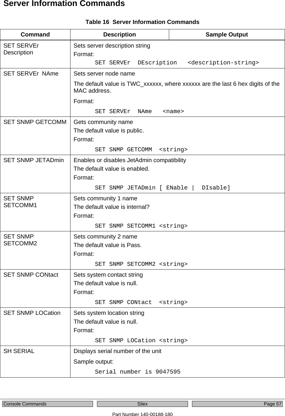  Console Commands  Silex Page 57 Part Number 140-00188-180 Server Information Commands Table 16  Server Information Commands Command Description  Sample Output SET SERVEr  Description  Sets server description string Format: SET SERVEr  DEscription   &lt;description-string&gt;   SET SERVEr  NAme Sets server node name The default value is TWC_xxxxxx, where xxxxxx are the last 6 hex digits of the MAC address. Format: SET SERVEr  NAme   &lt;name&gt;   SET SNMP GETCOMM  Gets community name The default value is public. Format: SET SNMP GETCOMM  &lt;string&gt; SET SNMP JETADmin  Enables or disables JetAdmin compatibility The default value is enabled. Format: SET SNMP JETADmin [ ENable |  DIsable] SET SNMP SETCOMM1  Sets community 1 name The default value is internal? Format: SET SNMP SETCOMM1 &lt;string&gt; SET SNMP SETCOMM2  Sets community 2 name The default value is Pass. Format: SET SNMP SETCOMM2 &lt;string&gt; SET SNMP CONtact  Sets system contact string The default value is null. Format: SET SNMP CONtact  &lt;string&gt; SET SNMP LOCation  Sets system location string The default value is null. Format: SET SNMP LOCation &lt;string&gt; SH SERIAL  Displays serial number of the unit Sample output: Serial number is 9047595 