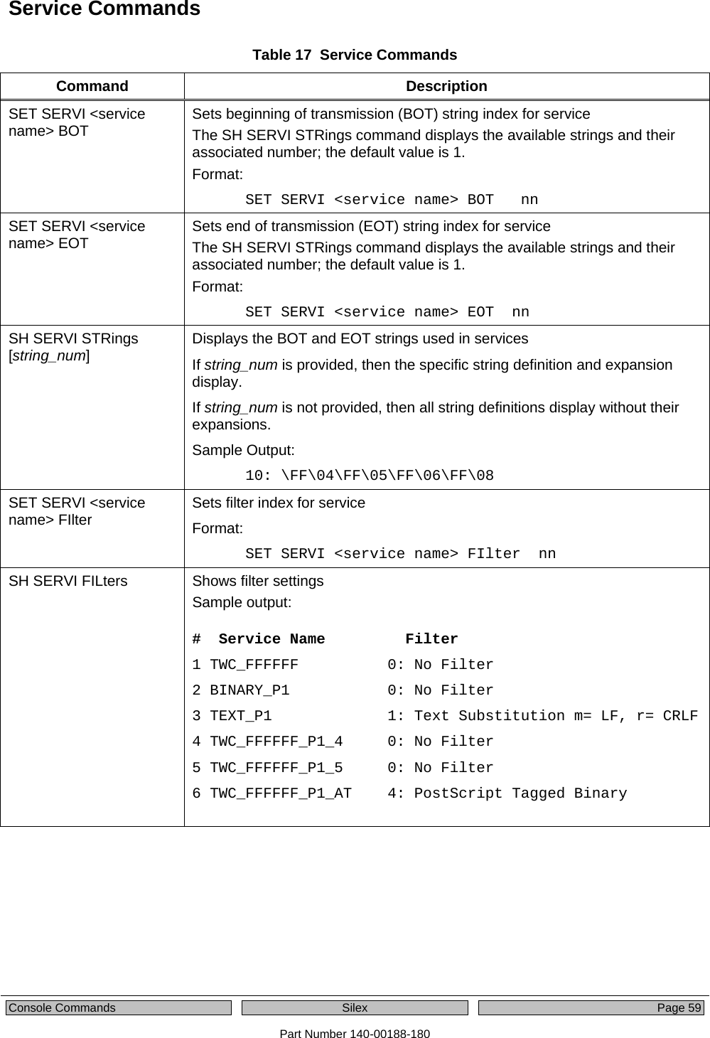  Console Commands  Silex Page 59 Part Number 140-00188-180 Service Commands Table 17  Service Commands Command Description SET SERVI &lt;service name&gt; BOT  Sets beginning of transmission (BOT) string index for service The SH SERVI STRings command displays the available strings and their associated number; the default value is 1. Format: SET SERVI &lt;service name&gt; BOT   nn SET SERVI &lt;service name&gt; EOT    Sets end of transmission (EOT) string index for service The SH SERVI STRings command displays the available strings and their associated number; the default value is 1. Format: SET SERVI &lt;service name&gt; EOT  nn    SH SERVI STRings [string_num]  Displays the BOT and EOT strings used in services If string_num is provided, then the specific string definition and expansion display.   If string_num is not provided, then all string definitions display without their expansions. Sample Output: 10: \FF\04\FF\05\FF\06\FF\08 SET SERVI &lt;service name&gt; FIlter  Sets filter index for service Format: SET SERVI &lt;service name&gt; FIlter  nn Shows filter settings Sample output:  SH SERVI FILters #  Service Name         Filter 1 TWC_FFFFFF          0: No Filter 2 BINARY_P1           0: No Filter 3 TEXT_P1             1: Text Substitution m= LF, r= CRLF 4 TWC_FFFFFF_P1_4     0: No Filter 5 TWC_FFFFFF_P1_5     0: No Filter 6 TWC_FFFFFF_P1_AT    4: PostScript Tagged Binary 