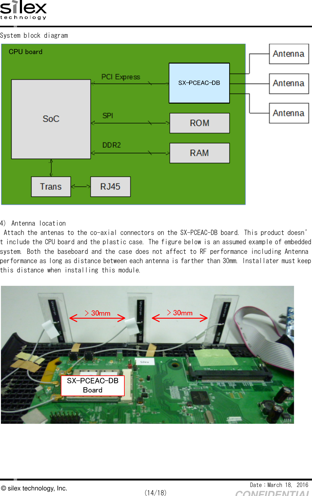    Date：March 18, 2016  (14/18) CONFIDENTIAL © silex technology, Inc. System block diagram   4) Antenna location  Attach the antenas to the co-axial connectors on the SX-PCEAC-DB board. This product doesn’t include the CPU board and the plastic case. The figure below is an assumed example of embedded system. Both the baseboard and the case does not affect to RF performance including Antenna performance as long as distance between each antenna is farther than 30mm. Installater must keep this distance when installing this module.        