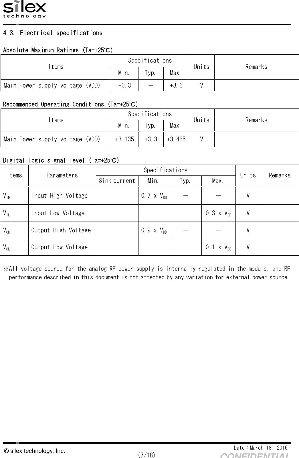    Date：March 18, 2016  (7/18) CONFIDENTIAL © silex technology, Inc. 4.3. Electrical specifications  Absolute Maximum Ratings (Ta=+25℃) Items Specifications Units Remarks Min.  Typ.  Max. Main Power supply voltage (VDD)  -0.3  －  +3.6  V    Recommended Operating Conditions (Ta=+25℃) Items  Specifications  Units Remarks Min.  Typ.  Max. Main Power supply voltage (VDD)  +3.135 +3.3  +3.465 V    Digital logic signal level (Ta=+25℃) Items  Parameters  Specifications  Units Remarks Sink current Min.  Typ.  Max. VIH  Input High Voltage    0.7 x VDD －  －  V   VIL  Input Low Voltage    －  －  0.3 x VDD V   VOH  Output High Voltage   0.9 x VDD －  －  V   VOL  Output Low Voltage    －  －  0.1 x VDD V    ※All voltage source for the analog RF power supply is internally regulated in the module, and RF performance described in this document is not affected by any variation for external power source.     