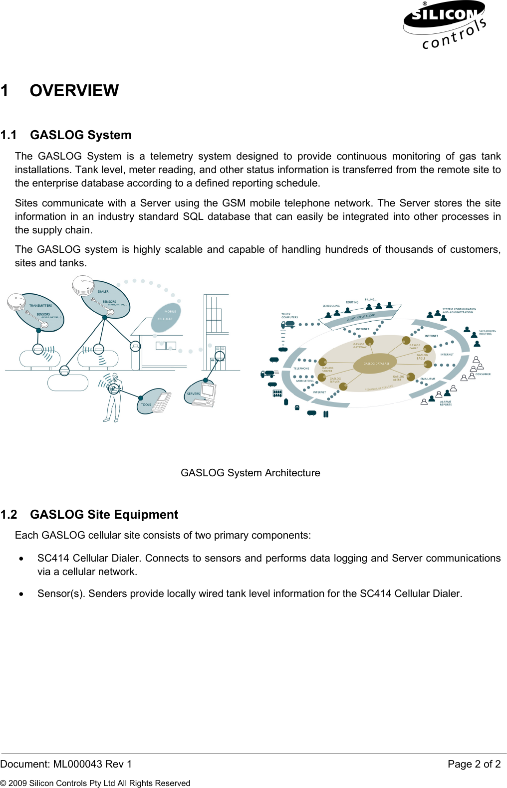  Document: ML000043 Rev 1    Page 2 of 2 © 2009 Silicon Controls Pty Ltd All Rights Reserved 1 OVERVIEW 1.1 GASLOG System The GASLOG System is a telemetry system designed to provide continuous monitoring of gas tank installations. Tank level, meter reading, and other status information is transferred from the remote site to the enterprise database according to a defined reporting schedule. Sites communicate with a Server using the GSM mobile telephone network. The Server stores the site information in an industry standard SQL database that can easily be integrated into other processes in the supply chain. The GASLOG system is highly scalable and capable of handling hundreds of thousands of customers, sites and tanks.    GASLOG System Architecture 1.2 GASLOG Site Equipment Each GASLOG cellular site consists of two primary components: •  SC414 Cellular Dialer. Connects to sensors and performs data logging and Server communications via a cellular network. •  Sensor(s). Senders provide locally wired tank level information for the SC414 Cellular Dialer. 