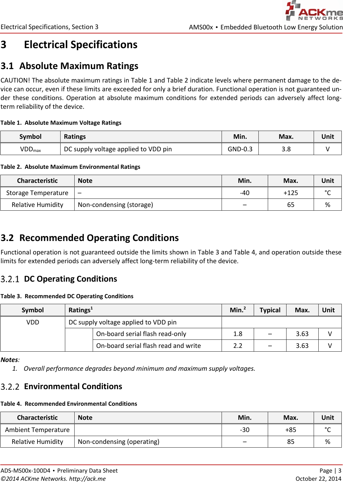 AMS00x • Embedded Bluetooth Low Energy Solution  Electrical Specifications, Section 3 ADS-MS00x-100D4 • Preliminary Data Sheet    Page | 3 ©2014 ACKme Networks. http://ack.me    October 22, 2014 3 Electrical Specifications 3.1 Absolute Maximum Ratings CAUTION! The absolute maximum ratings in Table 1 and Table 2 indicate levels where permanent damage to the de-vice can occur, even if these limits are exceeded for only a brief duration. Functional operation is not guaranteed un-der  these  conditions.  Operation  at  absolute  maximum  conditions  for  extended  periods  can  adversely  affect  long-term reliability of the device. Table 1.  Absolute Maximum Voltage Ratings Symbol Ratings Min. Max. Unit VDDmax DC supply voltage applied to VDD pin GND-0.3 3.8 V Table 2.  Absolute Maximum Environmental Ratings Characteristic Note Min. Max. Unit Storage Temperature –  -40 +125 °C Relative Humidity Non-condensing (storage) – 65 %  3.2 Recommended Operating Conditions Functional operation is not guaranteed outside the limits shown in Table 3 and Table 4, and operation outside these limits for extended periods can adversely affect long-term reliability of the device.  DC Operating Conditions Table 3.  Recommended DC Operating Conditions Symbol Ratings1 Min.2 Typical Max. Unit VDD DC supply voltage applied to VDD pin   On-board serial flash read-only 1.8 – 3.63 V On-board serial flash read and write 2.2 – 3.63 V Notes:  1. Overall performance degrades beyond minimum and maximum supply voltages.  Environmental Conditions Table 4.  Recommended Environmental Conditions Characteristic Note Min. Max. Unit Ambient Temperature  -30 +85 °C Relative Humidity Non-condensing (operating) – 85 %  
