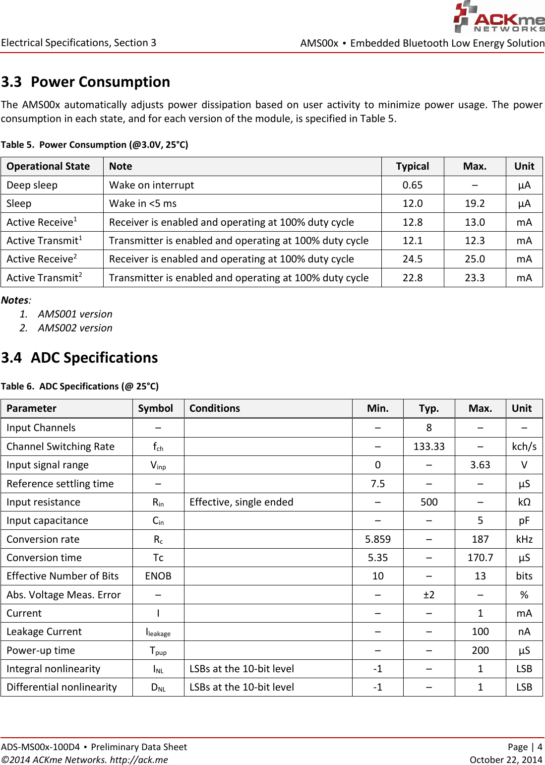 AMS00x • Embedded Bluetooth Low Energy Solution  Electrical Specifications, Section 3 ADS-MS00x-100D4 • Preliminary Data Sheet    Page | 4 ©2014 ACKme Networks. http://ack.me    October 22, 2014 3.3 Power Consumption The  AMS00x  automatically adjusts  power  dissipation  based  on  user  activity  to minimize  power  usage.  The  power consumption in each state, and for each version of the module, is specified in Table 5. Table 5.  Power Consumption (@3.0V, 25°C) Operational State Note Typical Max. Unit Deep sleep Wake on interrupt 0.65 – µA Sleep Wake in &lt;5 ms 12.0 19.2 µA Active Receive1 Receiver is enabled and operating at 100% duty cycle 12.8 13.0 mA Active Transmit1 Transmitter is enabled and operating at 100% duty cycle 12.1 12.3 mA Active Receive2 Receiver is enabled and operating at 100% duty cycle 24.5 25.0 mA Active Transmit2 Transmitter is enabled and operating at 100% duty cycle 22.8 23.3 mA Notes:  1. AMS001 version 2. AMS002 version 3.4 ADC Specifications Table 6.  ADC Specifications (@ 25°C) Parameter Symbol Conditions Min. Typ. Max. Unit Input Channels –  – 8 – – Channel Switching Rate fch  – 133.33 – kch/s Input signal range Vinp  0 – 3.63 V Reference settling time –  7.5 – – µS Input resistance Rin Effective, single ended – 500 – kΩ Input capacitance Cin  – – 5 pF Conversion rate Rc  5.859 – 187 kHz Conversion time Tc  5.35 – 170.7 µS Effective Number of Bits ENOB  10 – 13 bits Abs. Voltage Meas. Error –  – ±2 – % Current I  – – 1 mA Leakage Current Ileakage  – – 100 nA Power-up time Tpup  – – 200 µS Integral nonlinearity INL LSBs at the 10-bit level -1 – 1 LSB Differential nonlinearity DNL LSBs at the 10-bit level -1 – 1 LSB  