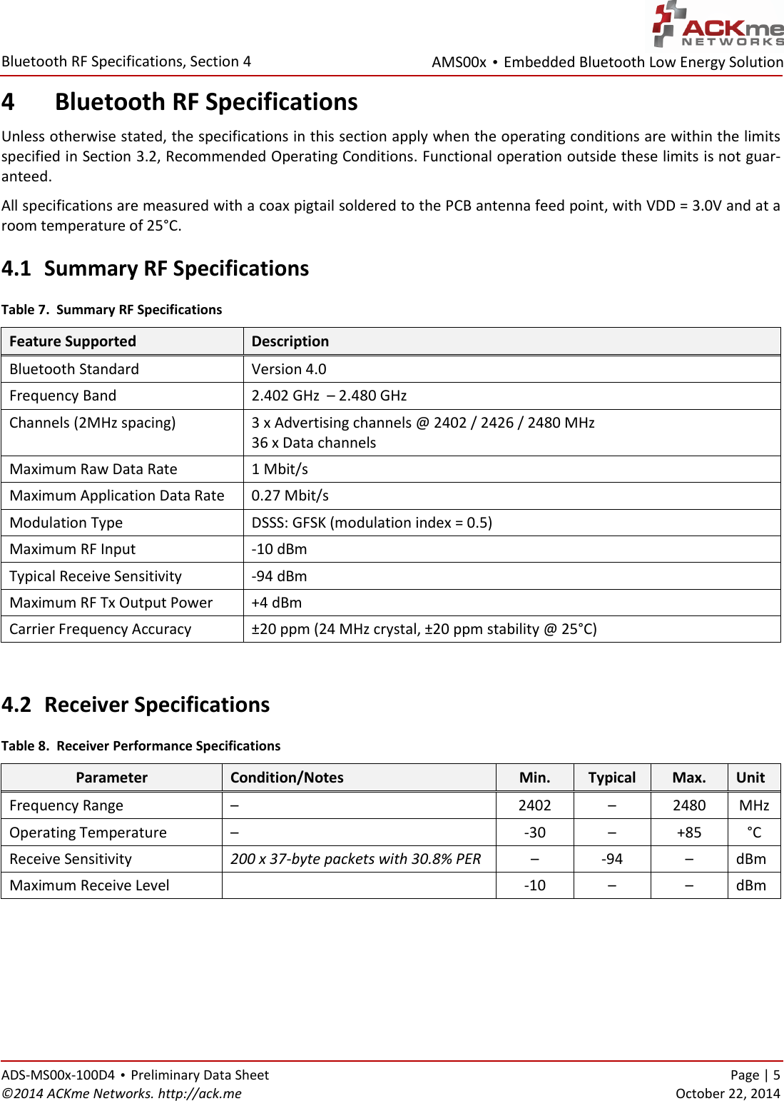 AMS00x • Embedded Bluetooth Low Energy Solution  Bluetooth RF Specifications, Section 4 ADS-MS00x-100D4 • Preliminary Data Sheet    Page | 5 ©2014 ACKme Networks. http://ack.me    October 22, 2014 4 Bluetooth RF Specifications Unless otherwise stated, the specifications in this section apply when the operating conditions are within the limits specified in Section 3.2, Recommended Operating Conditions. Functional operation outside these limits is not guar-anteed. All specifications are measured with a coax pigtail soldered to the PCB antenna feed point, with VDD = 3.0V and at a room temperature of 25°C.  4.1 Summary RF Specifications Table 7.  Summary RF Specifications Feature Supported Description Bluetooth Standard Version 4.0 Frequency Band 2.402 GHz  – 2.480 GHz Channels (2MHz spacing) 3 x Advertising channels @ 2402 / 2426 / 2480 MHz 36 x Data channels Maximum Raw Data Rate 1 Mbit/s Maximum Application Data Rate 0.27 Mbit/s Modulation Type DSSS: GFSK (modulation index = 0.5) Maximum RF Input -10 dBm Typical Receive Sensitivity -94 dBm Maximum RF Tx Output Power +4 dBm Carrier Frequency Accuracy ±20 ppm (24 MHz crystal, ±20 ppm stability @ 25°C)  4.2 Receiver Specifications Table 8.  Receiver Performance Specifications Parameter Condition/Notes Min. Typical Max. Unit Frequency Range –  2402 – 2480 MHz Operating Temperature – -30 – +85 °C Receive Sensitivity 200 x 37-byte packets with 30.8% PER – -94 – dBm Maximum Receive Level  -10 – – dBm    