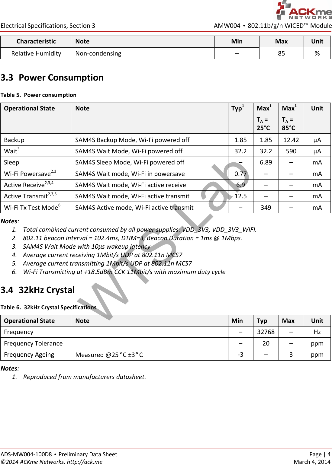AMW004 • 802.11b/g/n WICED™ Module  Electrical Specifications, Section 3 ADS-MW004-100D8 • Preliminary Data Sheet    Page | 4 ©2014 ACKme Networks. http://ack.me    March 4, 2014 Characteristic Note Min Max Unit Relative Humidity Non-condensing – 85 %  3.3 Power Consumption Table 5.  Power consumption Operational State Note Typ1 Max1 Max1 Unit  TA = 25°C TA = 85°C Backup SAM4S Backup Mode, Wi-Fi powered off 1.85 1.85 12.42 µA Wait3 SAM4S Wait Mode, Wi-Fi powered off 32.2 32.2 590 µA Sleep SAM4S Sleep Mode, Wi-Fi powered off – 6.89 – mA Wi-Fi Powersave2,3 SAM4S Wait mode, Wi-Fi in powersave 0.77 – – mA Active Receive2,3,4 SAM4S Wait mode, Wi-Fi active receive 6.9 – – mA Active Transmit2,3,5 SAM4S Wait mode, Wi-Fi active transmit 12.5 – – mA Wi-Fi Tx Test Mode6 SAM4S Active mode, Wi-Fi active transmit – 349 – mA Notes: 1. Total combined current consumed by all power supplies: VDD_3V3, VDD_3V3_WIFI. 2. 802.11 beacon Interval = 102.4ms, DTIM=3, Beacon Duration = 1ms @ 1Mbps.  3. SAM4S Wait Mode with 10µs wakeup latency 4. Average current receiving 1Mbit/s UDP at 802.11n MCS7 5. Average current transmitting 1Mbit/s UDP at 802.11n MCS7 6. Wi-Fi Transmitting at +18.5dBm CCK 11Mbit/s with maximum duty cycle 3.4 32kHz Crystal Table 6.  32kHz Crystal Specifications Operational State Note Min Typ Max Unit Frequency  – 32768 – Hz Frequency Tolerance  – 20 – ppm Frequency Ageing Measured @25°C ±3°C -3 – 3 ppm Notes: 1. Reproduced from manufacturers datasheet.     WTS-Lab