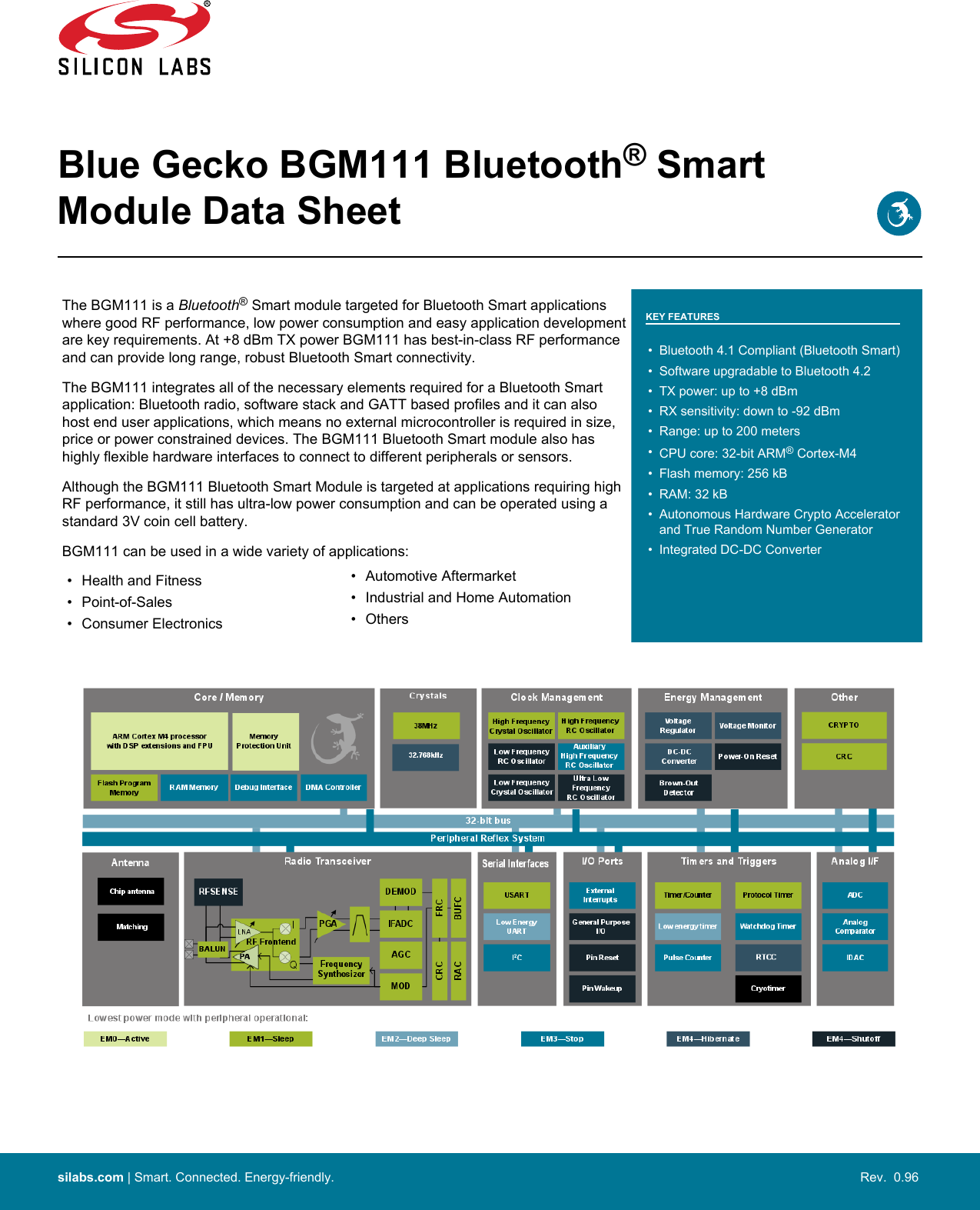 Blue Gecko BGM111 Bluetooth® SmartModule Data SheetThe BGM111 is a Bluetooth® Smart module targeted for Bluetooth Smart applicationswhere good RF performance, low power consumption and easy application developmentare key requirements. At +8 dBm TX power BGM111 has best-in-class RF performanceand can provide long range, robust Bluetooth Smart connectivity.The BGM111 integrates all of the necessary elements required for a Bluetooth Smartapplication: Bluetooth radio, software stack and GATT based profiles and it can alsohost end user applications, which means no external microcontroller is required in size,price or power constrained devices. The BGM111 Bluetooth Smart module also hashighly flexible hardware interfaces to connect to different peripherals or sensors.Although the BGM111 Bluetooth Smart Module is targeted at applications requiring highRF performance, it still has ultra-low power consumption and can be operated using astandard 3V coin cell battery.BGM111 can be used in a wide variety of applications:KEY FEATURES• Bluetooth 4.1 Compliant (Bluetooth Smart)• Software upgradable to Bluetooth 4.2• TX power: up to +8 dBm• RX sensitivity: down to -92 dBm• Range: up to 200 meters•CPU core: 32-bit ARM® Cortex-M4• Flash memory: 256 kB• RAM: 32 kB• Autonomous Hardware Crypto Acceleratorand True Random Number Generator• Integrated DC-DC Converter• Health and Fitness• Point-of-Sales• Consumer Electronics• Automotive Aftermarket• Industrial and Home Automation• Otherssilabs.com | Smart. Connected. Energy-friendly. Rev.  0.96 