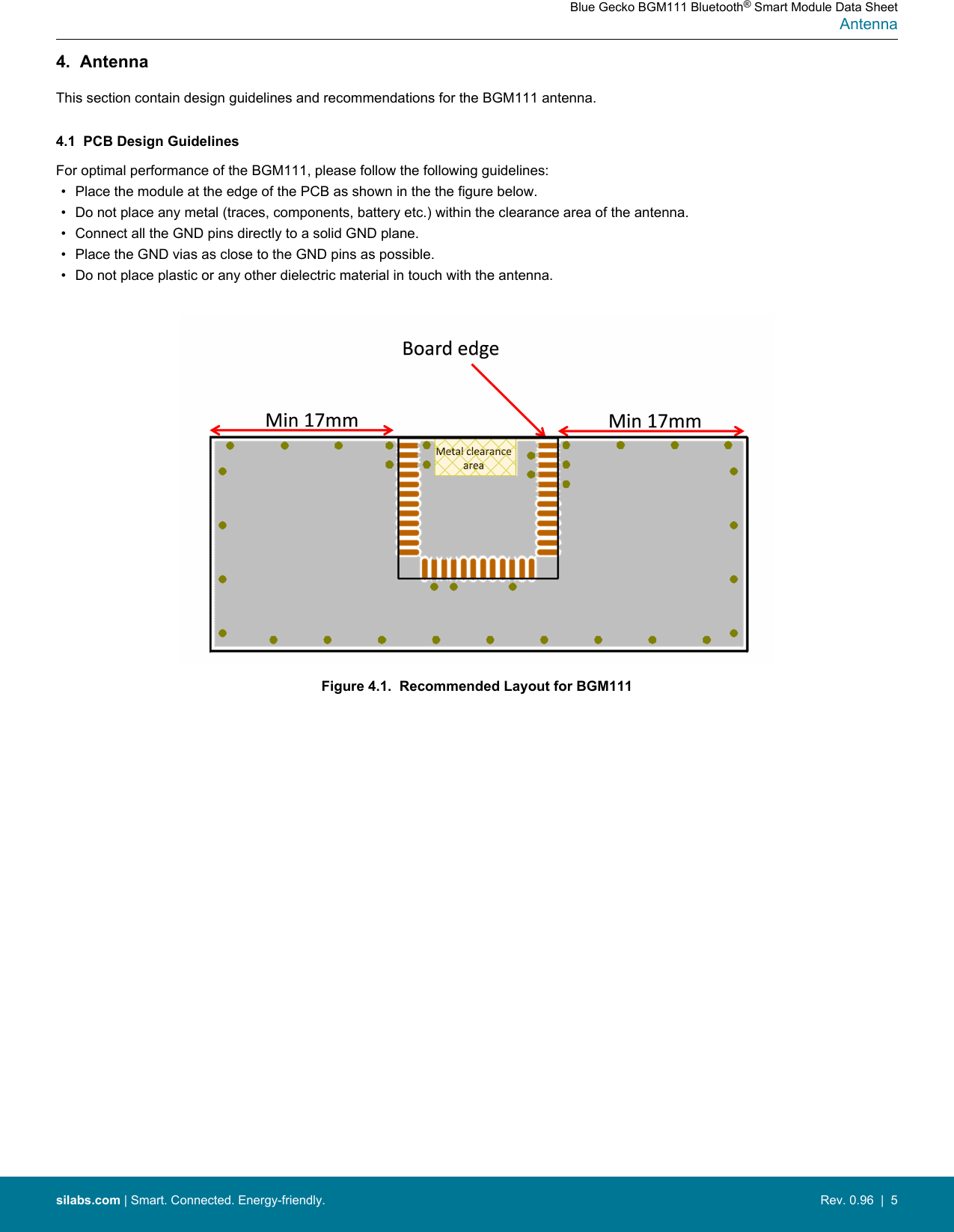 4.  AntennaThis section contain design guidelines and recommendations for the BGM111 antenna.4.1  PCB Design GuidelinesFor optimal performance of the BGM111, please follow the following guidelines:• Place the module at the edge of the PCB as shown in the the figure below.• Do not place any metal (traces, components, battery etc.) within the clearance area of the antenna.• Connect all the GND pins directly to a solid GND plane.• Place the GND vias as close to the GND pins as possible.• Do not place plastic or any other dielectric material in touch with the antenna.Figure 4.1.  Recommended Layout for BGM111Blue Gecko BGM111 Bluetooth® Smart Module Data SheetAntennasilabs.com | Smart. Connected. Energy-friendly. Rev. 0.96  |  5