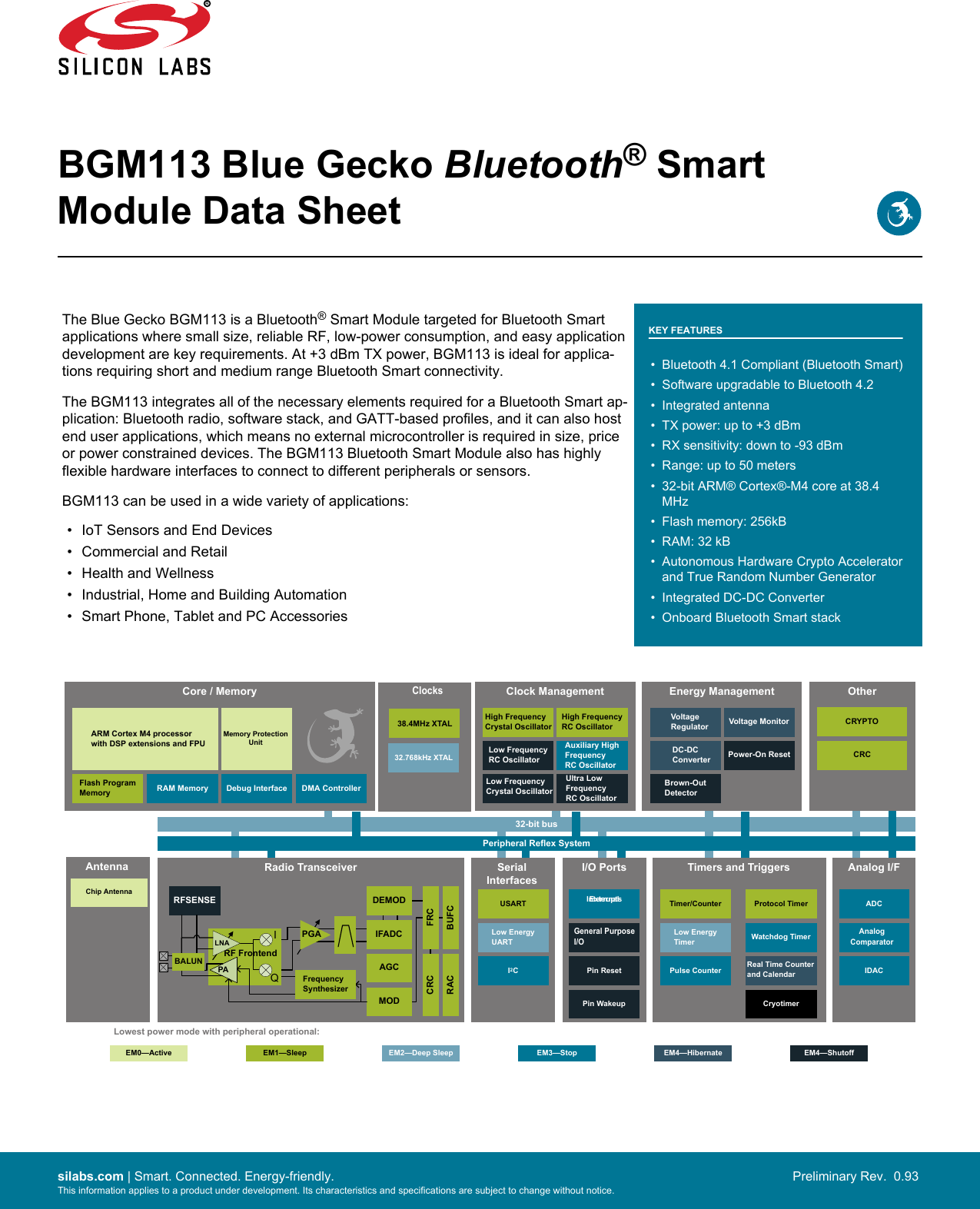 BGM113 Blue Gecko Bluetooth® SmartModule Data SheetThe Blue Gecko BGM113 is a Bluetooth® Smart Module targeted for Bluetooth Smartapplications where small size, reliable RF, low-power consumption, and easy applicationdevelopment are key requirements. At +3 dBm TX power, BGM113 is ideal for applica-tions requiring short and medium range Bluetooth Smart connectivity.The BGM113 integrates all of the necessary elements required for a Bluetooth Smart ap-plication: Bluetooth radio, software stack, and GATT-based profiles, and it can also hostend user applications, which means no external microcontroller is required in size, priceor power constrained devices. The BGM113 Bluetooth Smart Module also has highlyflexible hardware interfaces to connect to different peripherals or sensors.BGM113 can be used in a wide variety of applications:KEY FEATURES• Bluetooth 4.1 Compliant (Bluetooth Smart)• Software upgradable to Bluetooth 4.2•Integrated antenna• TX power: up to +3 dBm• RX sensitivity: down to -93 dBm• Range: up to 50 meters• 32-bit ARM® Cortex®-M4 core at 38.4MHz• Flash memory: 256kB• RAM: 32 kB• Autonomous Hardware Crypto Acceleratorand True Random Number Generator• Integrated DC-DC Converter• Onboard Bluetooth Smart stack• IoT Sensors and End Devices• Commercial and Retail•Health and Wellness• Industrial, Home and Building Automation• Smart Phone, Tablet and PC AccessoriesTimers and TriggersReal Time Counter and CalendarCryotimerTimer/CounterLow Energy TimerPulse CounterWatchdog TimerProtocol Timer32-bit busPeripheral Reflex SystemSerial InterfacesAntenna I/O Ports Analog I/FLowest power mode with peripheral operational:USARTLow Energy UARTI2CExternal InterruptsGeneral Purpose I/OPin ResetPin WakeupADCIDACAnalogComparatorRadio TransceiverDEMODAGCIFADCCRCBUFCRFSENSEMODFRCRACEM3—StopEM2—Deep SleepEM1—Sleep EM4—Hibernate EM4—ShutoffEM0—ActivePAIQRF FrontendLNAFrequency SynthesizerPGABALUNCore / MemoryARM Cortex M4 processorwith DSP extensions and FPU Energy ManagementBrown-Out DetectorDC-DC ConverterVoltage Regulator Voltage MonitorPower-On ResetOtherCRYPTOCRCFlash Program Memory RAM Memory Debug Interface DMA ControllerClocksClock ManagementHigh Frequency Crystal OscillatorLow Frequency Crystal OscillatorLow FrequencyRC OscillatorHigh FrequencyRC OscillatorUltra Low Frequency RC OscillatorAuxiliary High Frequency RC Oscillator38.4MHz XTAL32.768kHz XTALMemory Protection UnitChip Antennasilabs.com | Smart. Connected. Energy-friendly. Preliminary Rev.  0.93 This information applies to a product under development. Its characteristics and specifications are subject to change without notice. 