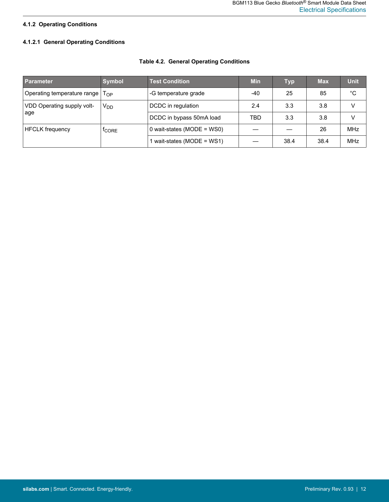 4.1.2  Operating Conditions4.1.2.1  General Operating ConditionsTable 4.2.  General Operating ConditionsParameter Symbol Test Condition Min Typ Max UnitOperating temperature range TOP -G temperature grade -40 25 85 °CVDD Operating supply volt-ageVDD DCDC in regulation 2.4 3.3 3.8 VDCDC in bypass 50mA load TBD 3.3 3.8 VHFCLK frequency fCORE 0 wait-states (MODE = WS0) — — 26 MHz1 wait-states (MODE = WS1) — 38.4 38.4 MHzBGM113 Blue Gecko Bluetooth® Smart Module Data SheetElectrical Specificationssilabs.com | Smart. Connected. Energy-friendly. Preliminary Rev. 0.93  |  12