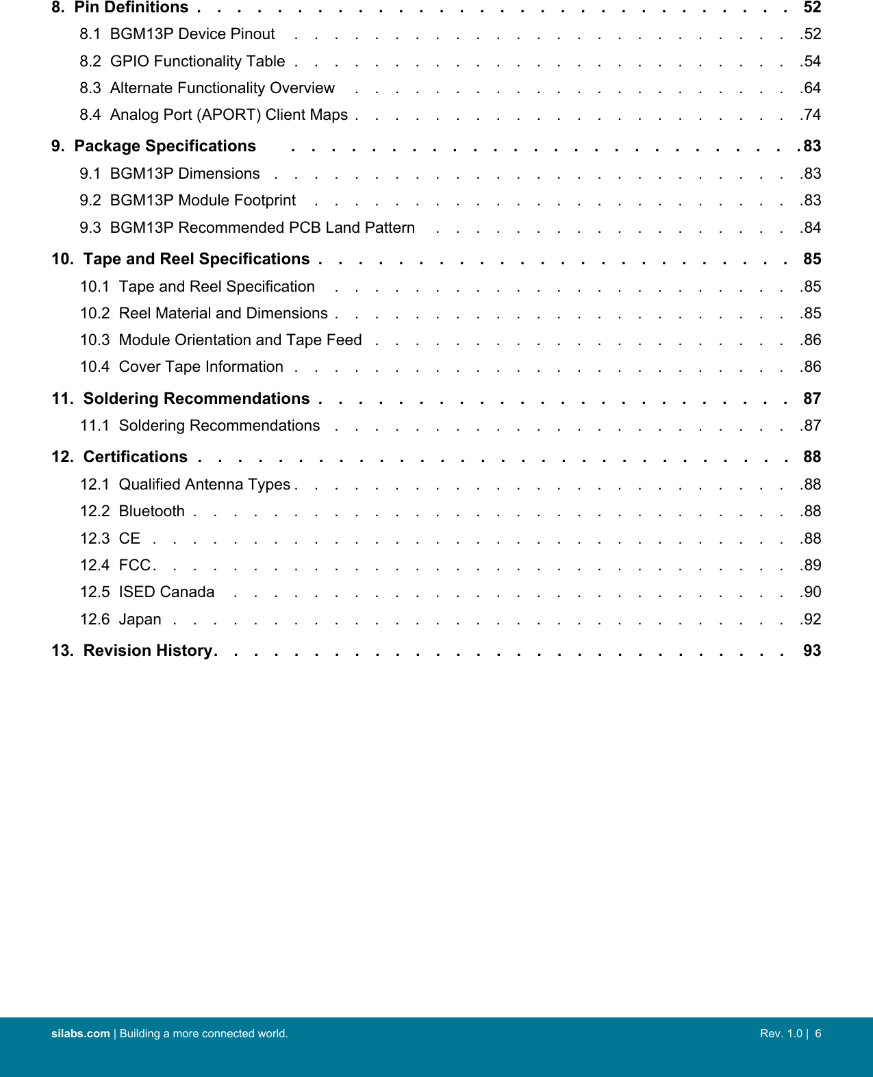 8.  Pin Definitions ..............................528.1  BGM13P Device Pinout ..........................528.2  GPIO Functionality Table ..........................548.3  Alternate Functionality Overview .......................648.4  Analog Port (APORT) Client Maps .......................749.  Package Specifications ..........................839.1  BGM13P Dimensions ...........................839.2  BGM13P Module Footprint .........................839.3  BGM13P Recommended PCB Land Pattern ...................8410.  Tape and Reel Specifications ........................8510.1  Tape and Reel Specification ........................8510.2  Reel Material and Dimensions ........................8510.3  Module Orientation and Tape Feed ......................8610.4  Cover Tape Information ..........................8611.  Soldering Recommendations ........................8711.1  Soldering Recommendations ........................8712.  Certifications ..............................8812.1  Qualified Antenna Types ..........................8812.2  Bluetooth ...............................8812.3  CE .................................8812.4  FCC.................................8912.5  ISED Canada .............................9012.6  Japan ................................9213.  Revision History............................. 93silabs.com | Building a more connected world. Rev. 1.0 |  6