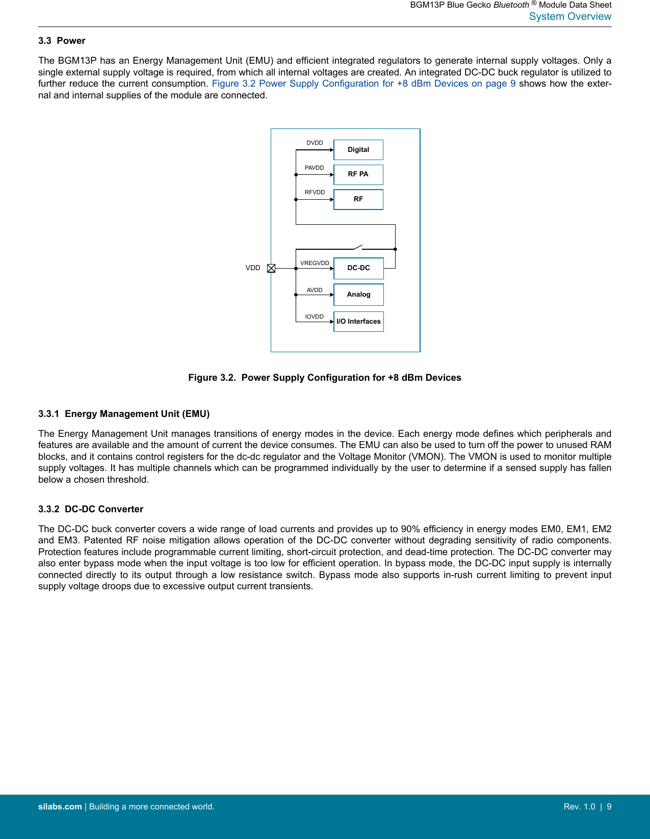 3.3  PowerThe BGM13P has an Energy Management Unit (EMU) and efficient integrated regulators to generate internal supply voltages. Only asingle external supply voltage is required, from which all internal voltages are created. An integrated DC-DC buck regulator is utilized tofurther reduce the current consumption. Figure 3.2 Power Supply Configuration for +8 dBm Devices on page 9 shows how the exter-nal and internal supplies of the module are connected.DC-DCAnalogDVDDPAVDDRFVDDVDDDigitalRF PARFVREGVDDAVDDI/O InterfacesIOVDDFigure 3.2.  Power Supply Configuration for +8 dBm Devices3.3.1  Energy Management Unit (EMU)The Energy Management Unit manages transitions of energy modes in the device. Each energy mode defines which peripherals andfeatures are available and the amount of current the device consumes. The EMU can also be used to turn off the power to unused RAMblocks, and it contains control registers for the dc-dc regulator and the Voltage Monitor (VMON). The VMON is used to monitor multiplesupply voltages. It has multiple channels which can be programmed individually by the user to determine if a sensed supply has fallenbelow a chosen threshold.3.3.2  DC-DC ConverterThe DC-DC buck converter covers a wide range of load currents and provides up to 90% efficiency in energy modes EM0, EM1, EM2and EM3.  Patented  RF  noise  mitigation  allows  operation  of  the  DC-DC  converter without  degrading  sensitivity  of radio  components.Protection features include programmable current limiting, short-circuit protection, and dead-time protection. The DC-DC converter mayalso enter bypass mode when the input voltage is too low for efficient operation. In bypass mode, the DC-DC input supply is internallyconnected directly  to  its  output through  a  low  resistance  switch.  Bypass  mode  also  supports in-rush  current  limiting  to prevent  inputsupply voltage droops due to excessive output current transients.BGM13P Blue Gecko Bluetooth ® Module Data SheetSystem Overviewsilabs.com | Building a more connected world. Rev. 1.0  |  9