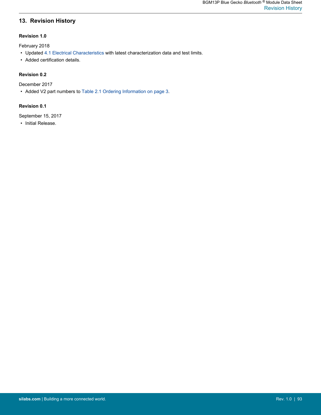 13.  Revision HistoryRevision 1.0February 2018• Updated 4.1 Electrical Characteristics with latest characterization data and test limits.• Added certification details.Revision 0.2December 2017• Added V2 part numbers to Table 2.1 Ordering Information on page 3.Revision 0.1September 15, 2017• Initial Release.BGM13P Blue Gecko Bluetooth ® Module Data SheetRevision Historysilabs.com | Building a more connected world. Rev. 1.0  |  93