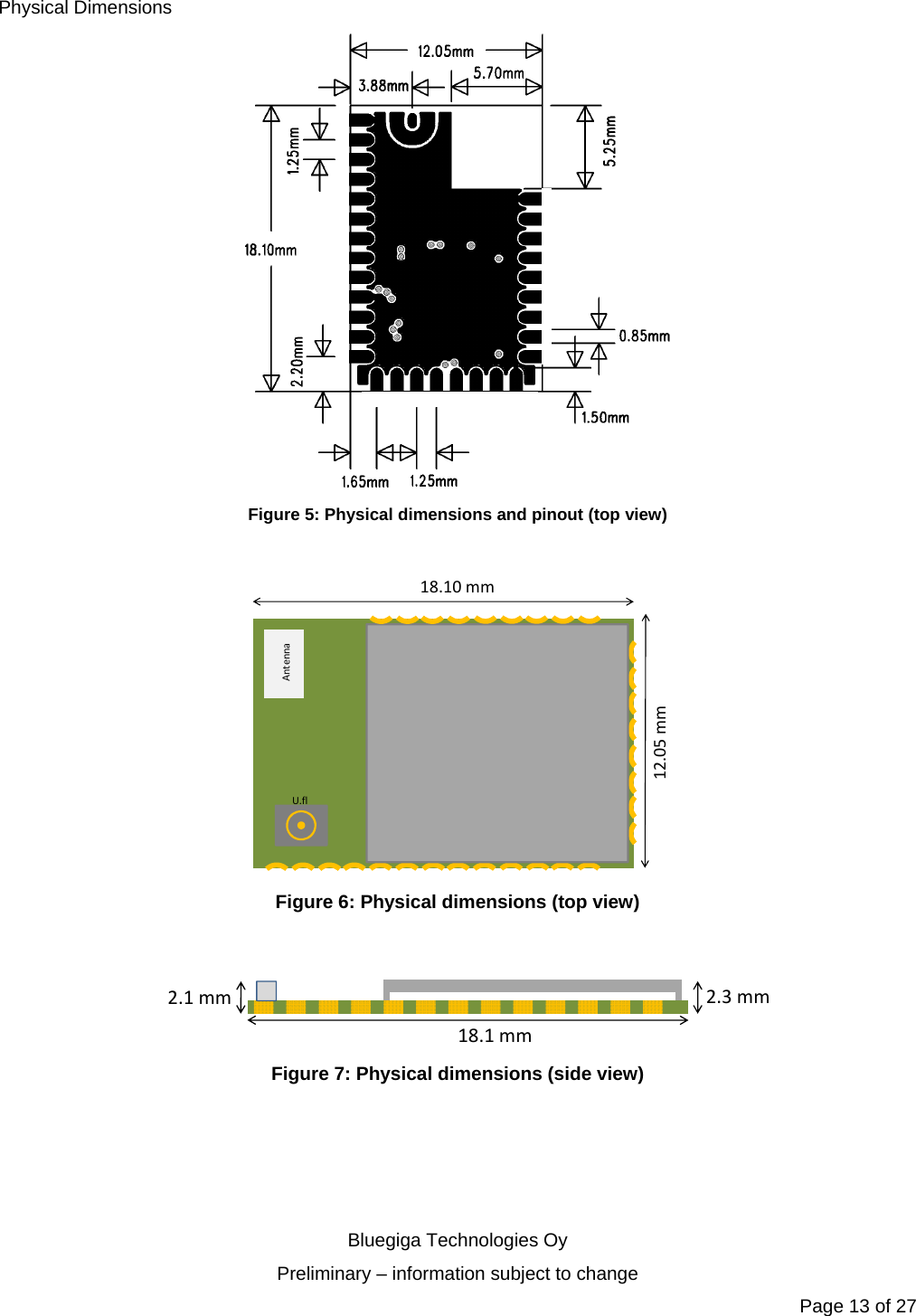   Bluegiga Technologies Oy Preliminary – information subject to change Page 13 of 27 Physical Dimensions  Figure 5: Physical dimensions and pinout (top view)  18.10mm12.05mmAntennaU.fl Figure 6: Physical dimensions (top view)  18.1mm2.1mm 2.3mm Figure 7: Physical dimensions (side view) 