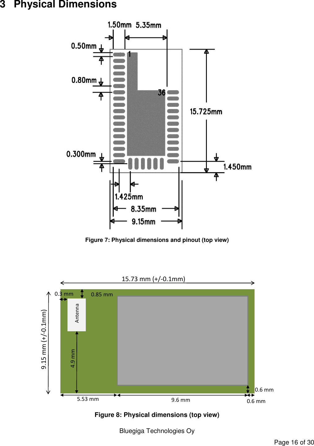   Bluegiga Technologies Oy Page 16 of 30 3  Physical Dimensions  Figure 7: Physical dimensions and pinout (top view)   15.73 mm (+/-0.1mm)9.15 mm (+/-0.1mm)Antenna0.3 mm4.9 mm0.85 mm5.53 mm 9.6 mm 0.6 mm0.6 mm Figure 8: Physical dimensions (top view) 