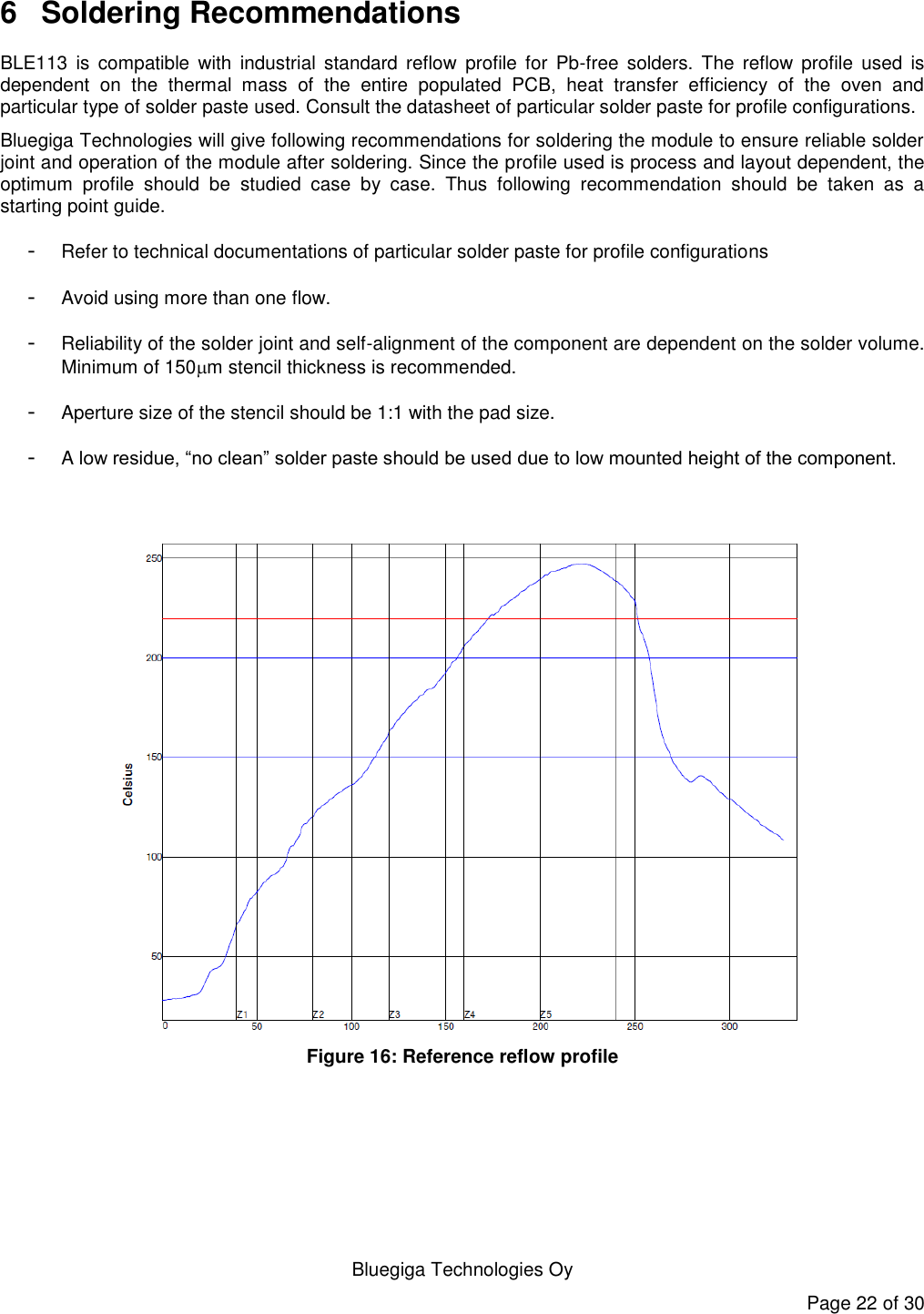   Bluegiga Technologies Oy Page 22 of 30 6  Soldering Recommendations BLE113  is  compatible  with  industrial  standard  reflow  profile  for  Pb-free  solders.  The  reflow  profile  used  is dependent  on  the  thermal  mass  of  the  entire  populated  PCB,  heat  transfer  efficiency  of  the  oven  and particular type of solder paste used. Consult the datasheet of particular solder paste for profile configurations.  Bluegiga Technologies will give following recommendations for soldering the module to ensure reliable solder joint and operation of the module after soldering. Since the profile used is process and layout dependent, the optimum  profile  should  be  studied  case  by  case.  Thus  following  recommendation  should  be  taken  as  a starting point guide.  -  Refer to technical documentations of particular solder paste for profile configurations -  Avoid using more than one flow.  -  Reliability of the solder joint and self-alignment of the component are dependent on the solder volume. Minimum of 150m stencil thickness is recommended.  -  Aperture size of the stencil should be 1:1 with the pad size.  -  A low residue, “no clean” solder paste should be used due to low mounted height of the component.   Figure 16: Reference reflow profile 