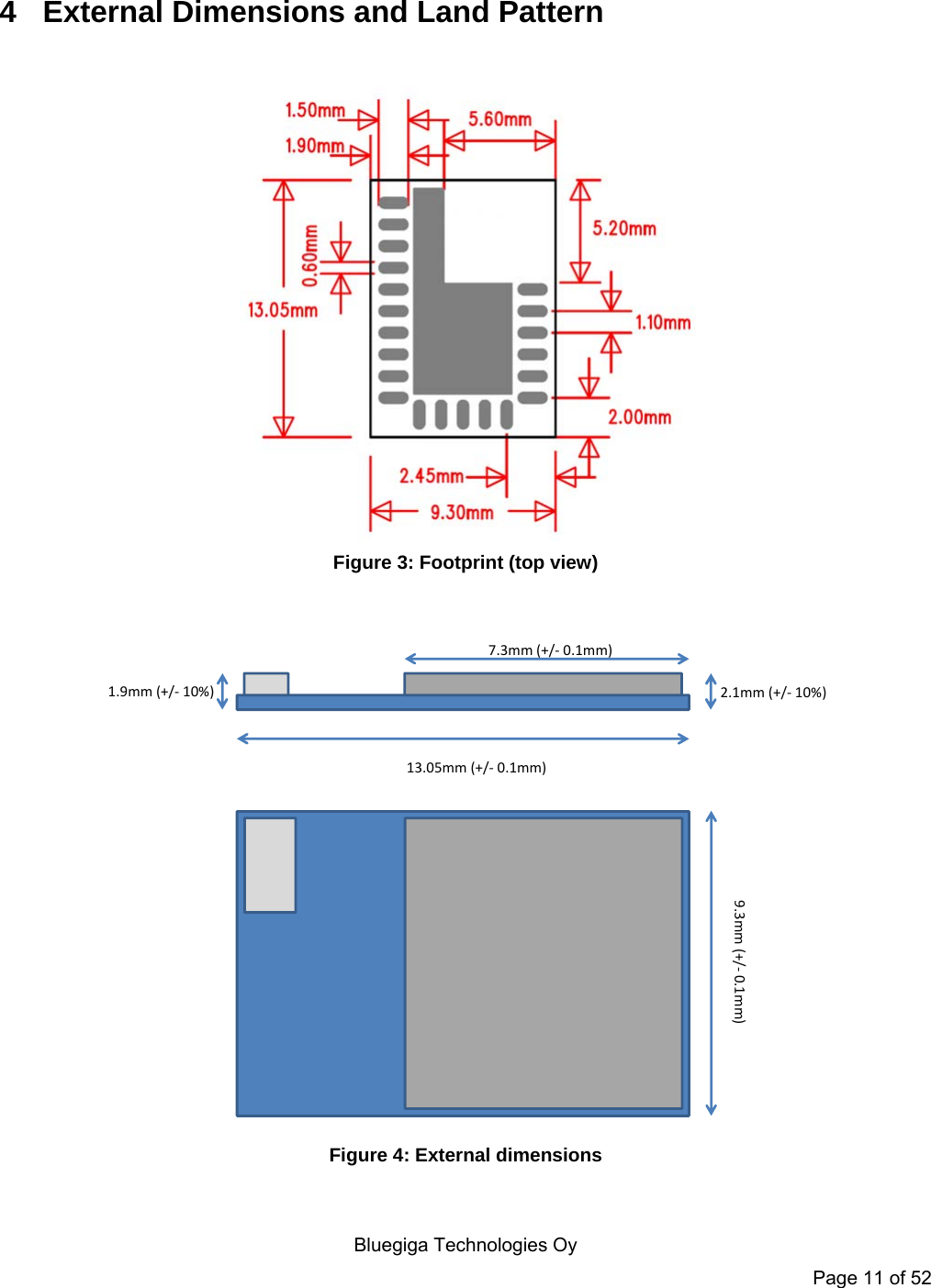    Bluegiga Technologies Oy Page 11 of 52  4  External Dimensions and Land Pattern   Figure 3: Footprint (top view)  2.1mm (+/- 10%)13.05mm (+/- 0.1mm)1.9mm (+/- 10%)7.3mm (+/- 0.1mm)9.3mm (+/- 0.1mm) Figure 4: External dimensions 