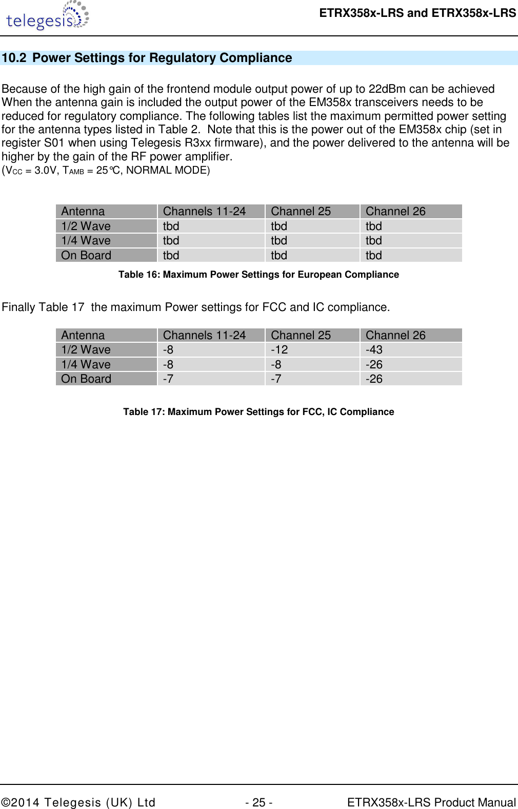  ETRX358x-LRS and ETRX358x-LRS  ©2014 Telegesis (UK) Ltd  - 25 -  ETRX358x-LRS Product Manual 10.2  Power Settings for Regulatory Compliance  Because of the high gain of the frontend module output power of up to 22dBm can be achieved When the antenna gain is included the output power of the EM358x transceivers needs to be reduced for regulatory compliance. The following tables list the maximum permitted power setting for the antenna types listed in Table 2.  Note that this is the power out of the EM358x chip (set in register S01 when using Telegesis R3xx firmware), and the power delivered to the antenna will be higher by the gain of the RF power amplifier. (VCC = 3.0V, TAMB = 25°C, NORMAL MODE)   Antenna  Channels 11-24  Channel 25  Channel 26 1/2 Wave  tbd  tbd  tbd 1/4 Wave  tbd  tbd  tbd On Board  tbd  tbd  tbd Table 16: Maximum Power Settings for European Compliance  Finally Table 17  the maximum Power settings for FCC and IC compliance.  Antenna  Channels 11-24  Channel 25  Channel 26 1/2 Wave  -8  -12  -43 1/4 Wave  -8  -8  -26 On Board  -7  -7  -26  Table 17: Maximum Power Settings for FCC, IC Compliance  