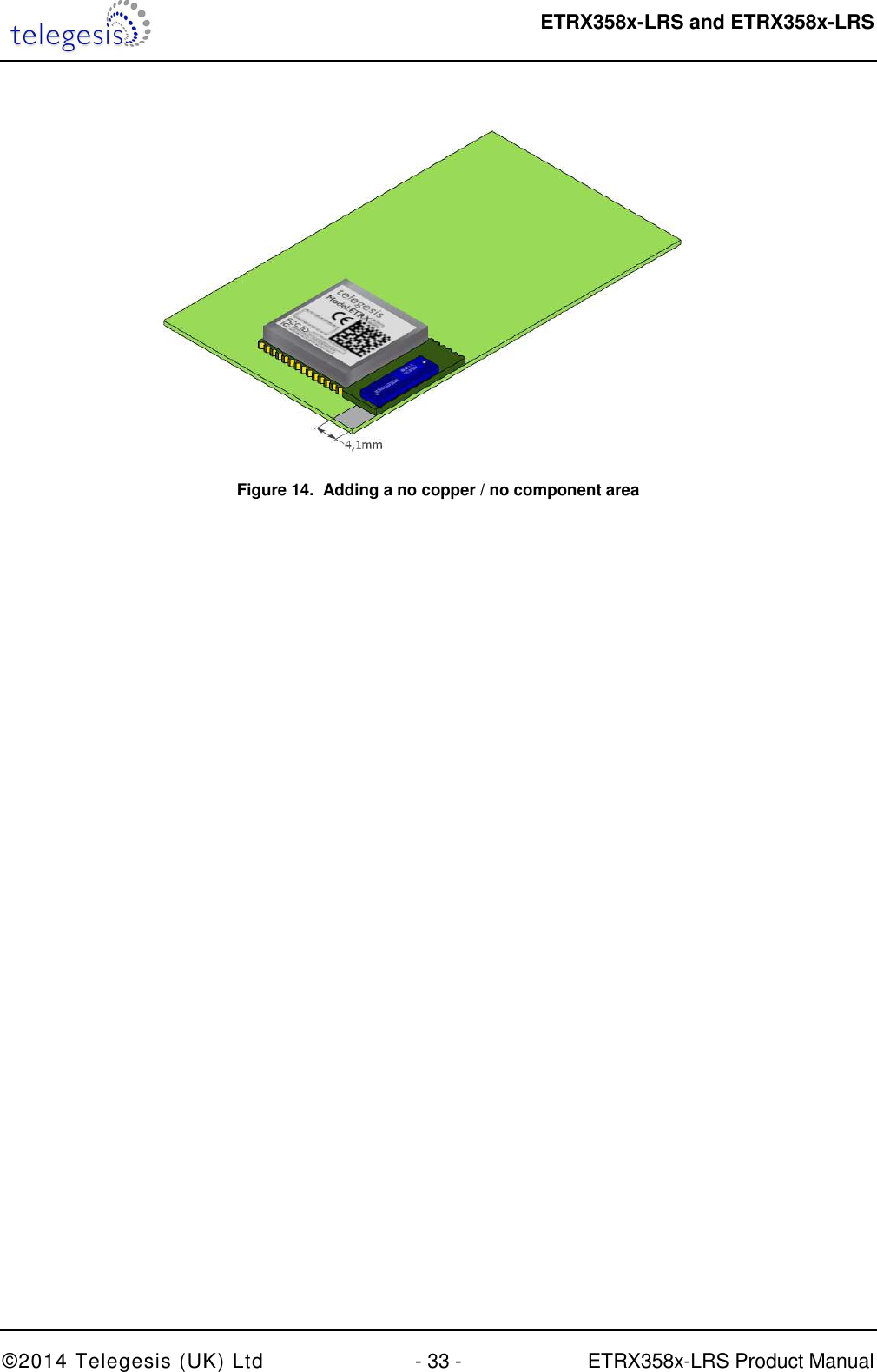  ETRX358x-LRS and ETRX358x-LRS  ©2014 Telegesis (UK) Ltd  - 33 -  ETRX358x-LRS Product Manual  Figure 14.  Adding a no copper / no component area  