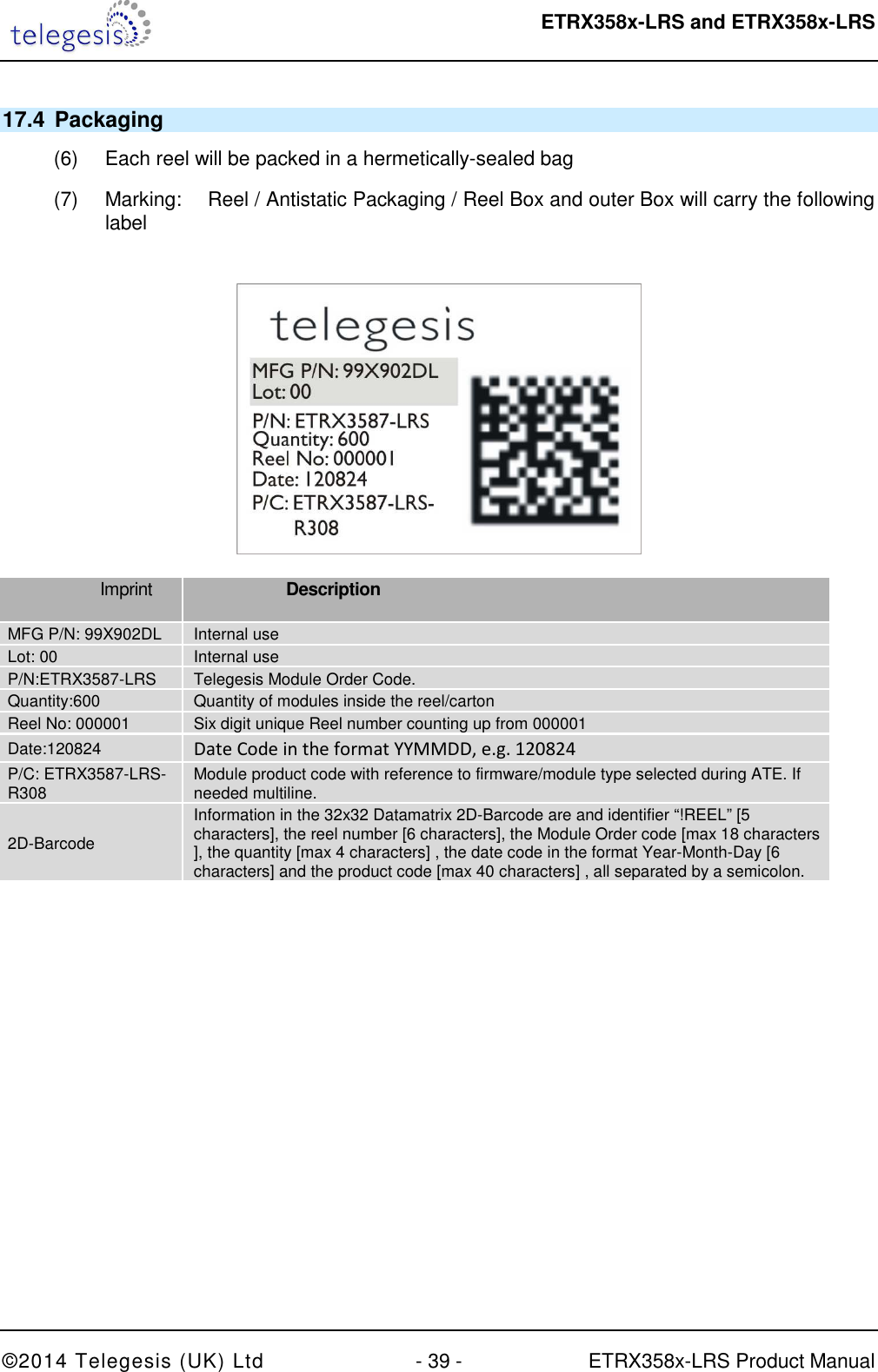  ETRX358x-LRS and ETRX358x-LRS  ©2014 Telegesis (UK) Ltd  - 39 -  ETRX358x-LRS Product Manual 17.4  Packaging (6)  Each reel will be packed in a hermetically-sealed bag (7)  Marking:  Reel / Antistatic Packaging / Reel Box and outer Box will carry the following label    Imprint  Description MFG P/N: 99X902DL  Internal use Lot: 00  Internal use P/N:ETRX3587-LRS  Telegesis Module Order Code.  Quantity:600  Quantity of modules inside the reel/carton Reel No: 000001  Six digit unique Reel number counting up from 000001 Date:120824 Date Code in the format YYMMDD, e.g. 120824 P/C: ETRX3587-LRS-R308  Module product code with reference to firmware/module type selected during ATE. If needed multiline. 2D-Barcode Information in the 32x32 Datamatrix 2D-Barcode are and identifier “!REEL” [5 characters], the reel number [6 characters], the Module Order code [max 18 characters ], the quantity [max 4 characters] , the date code in the format Year-Month-Day [6 characters] and the product code [max 40 characters] , all separated by a semicolon.    