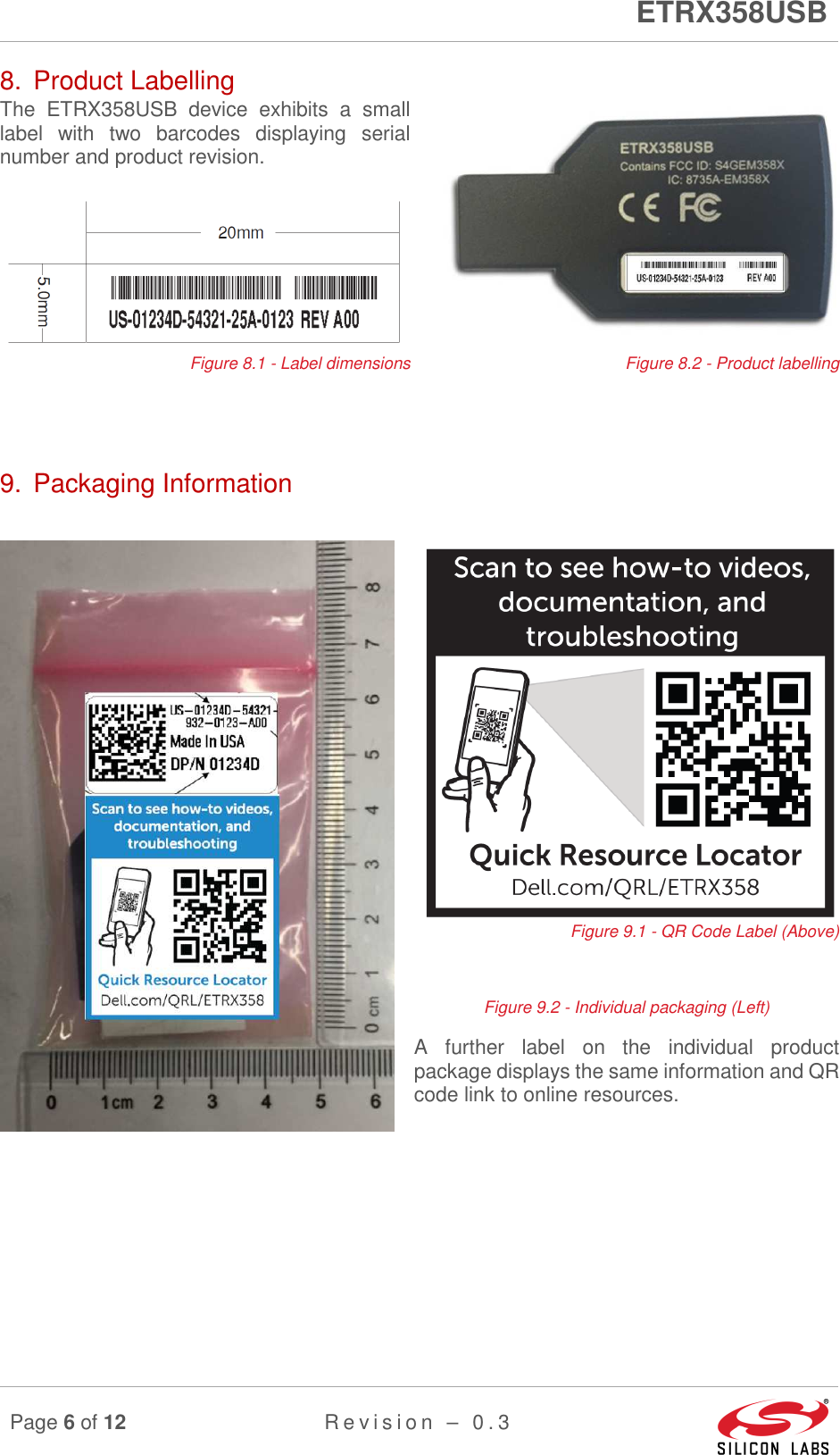      ETRX358USB  Page 6 of 12 R e v i s i o n   –   0 . 3     8.  Product Labelling The  ETRX358USB  device  exhibits  a  small label  with  two  barcodes  displaying  serial number and product revision.   Figure 8.1 - Label dimensionsFigure 8.2 - Product labelling 9.  Packaging Information   Figure 9.1 - QR Code Label (Above) Figure 9.2 - Individual packaging (Left) A  further  label  on  the  individual  product package displays the same information and QR code link to online resources.     