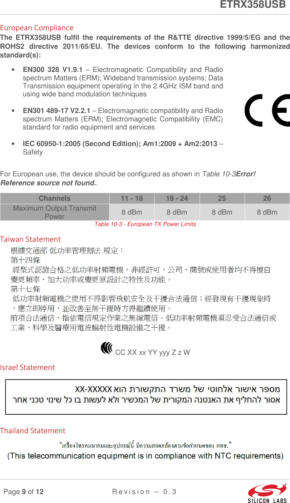      ETRX358USB  Page 9 of 12 R e v i s i o n   –   0 . 3     European Compliance The ETRX358USB fulfil  the  requirements  of  the  R&amp;TTE  directive 1999/5/EG  and  the ROHS2  directive  2011/65/EU.  The  devices  conform  to  the  following  harmonized standard(s): • EN300 328 V1.9.1 – Electromagnetic  Compatibility and Radio spectrum Matters (ERM); Wideband transmission systems; Data Transmission equipment operating in the 2.4GHz ISM band and using wide band modulation techniques  • EN301 489-17 V2.2.1 – Electromagnetic compatibility and Radio spectrum Matters (ERM); Electromagnetic Compatibility (EMC) standard for radio equipment and services  • IEC 60950-1:2005 (Second Edition); Am1:2009 + Am2:2013 –Safety  For European use, the device should be configured as shown in Table 10-3Error! Reference source not found.. Channels  11 - 18  19 - 24  25  26 Maximum Output Transmit Power  8 dBm  8 dBm  8 dBm  8 dBm Table 10-3 - European TX Power Limits Taiwan Statement  CC XX xx YY yyy Z z W Israel Statement Thailand Statement  