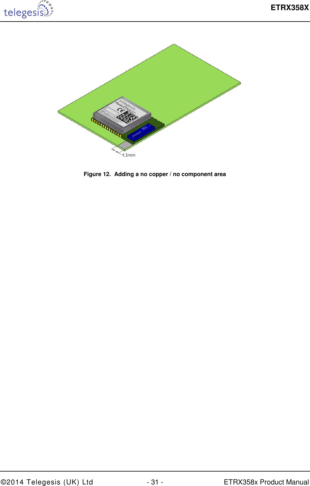  ETRX358X  ©2014 Telegesis (UK) Ltd  - 31 -  ETRX358x Product Manual  Figure 12.  Adding a no copper / no component area  