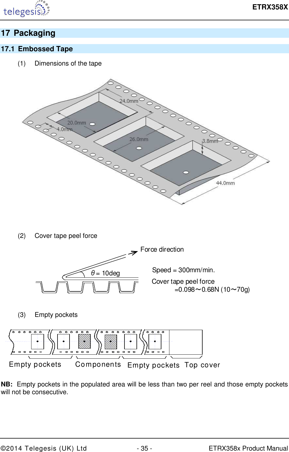  ETRX358X  ©2014 Telegesis (UK) Ltd  - 35 -  ETRX358x Product Manual 17 Packaging 17.1  Embossed Tape (1)  Dimensions of the tape    (2)  Cover tape peel force   Force direction Speed = 300mm/min. Cover tape peel force               =0.098～0.68N (10～70g) θ= 10deg  (3)  Empty pockets  NB:  Empty pockets in the populated area will be less than two per reel and those empty pockets will not be consecutive.    Empty pockets more     Components        Empty pockets   Top cover tape       Direction of feed g   