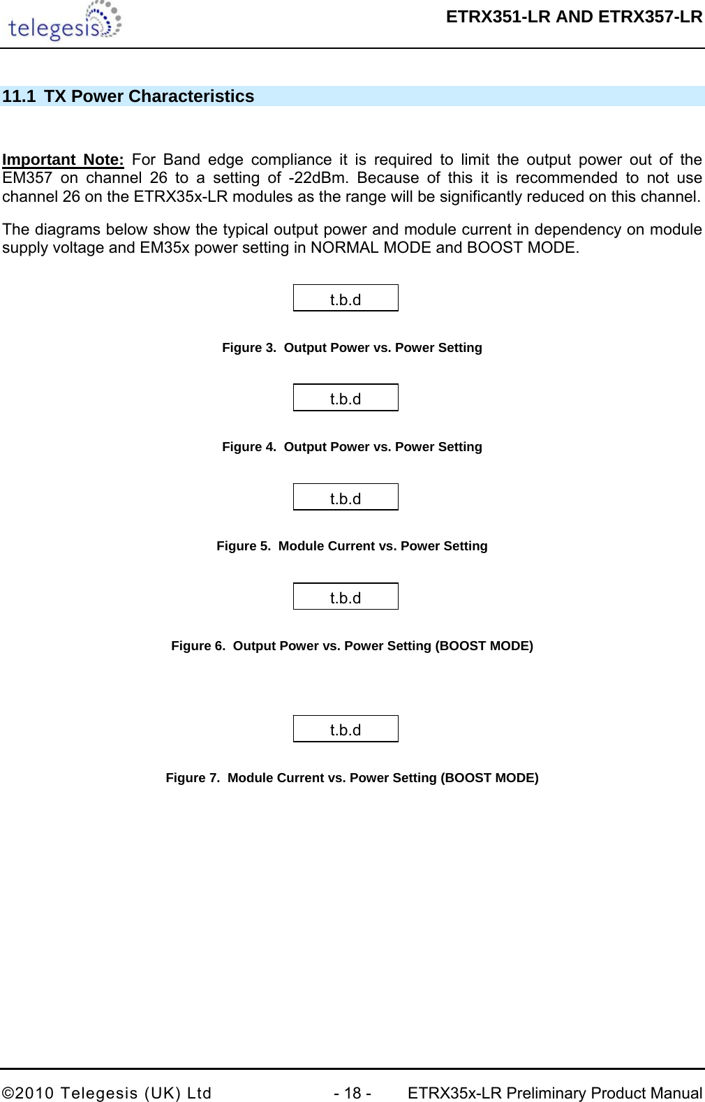  ETRX351-LR AND ETRX357-LR  ©2010 Telegesis (UK) Ltd  - 18 -  ETRX35x-LR Preliminary Product Manual 11.1 TX Power Characteristics  Important Note: For Band edge compliance it is required to limit the output power out of the EM357 on channel 26 to a setting of -22dBm. Because of this it is recommended to not use channel 26 on the ETRX35x-LR modules as the range will be significantly reduced on this channel. The diagrams below show the typical output power and module current in dependency on module supply voltage and EM35x power setting in NORMAL MODE and BOOST MODE.  Figure 3.  Output Power vs. Power Setting  Figure 4.  Output Power vs. Power Setting  Figure 5.  Module Current vs. Power Setting  Figure 6.  Output Power vs. Power Setting (BOOST MODE)   Figure 7.  Module Current vs. Power Setting (BOOST MODE)  t.b.dt.b.dt.b.dt.b.dt.b.d