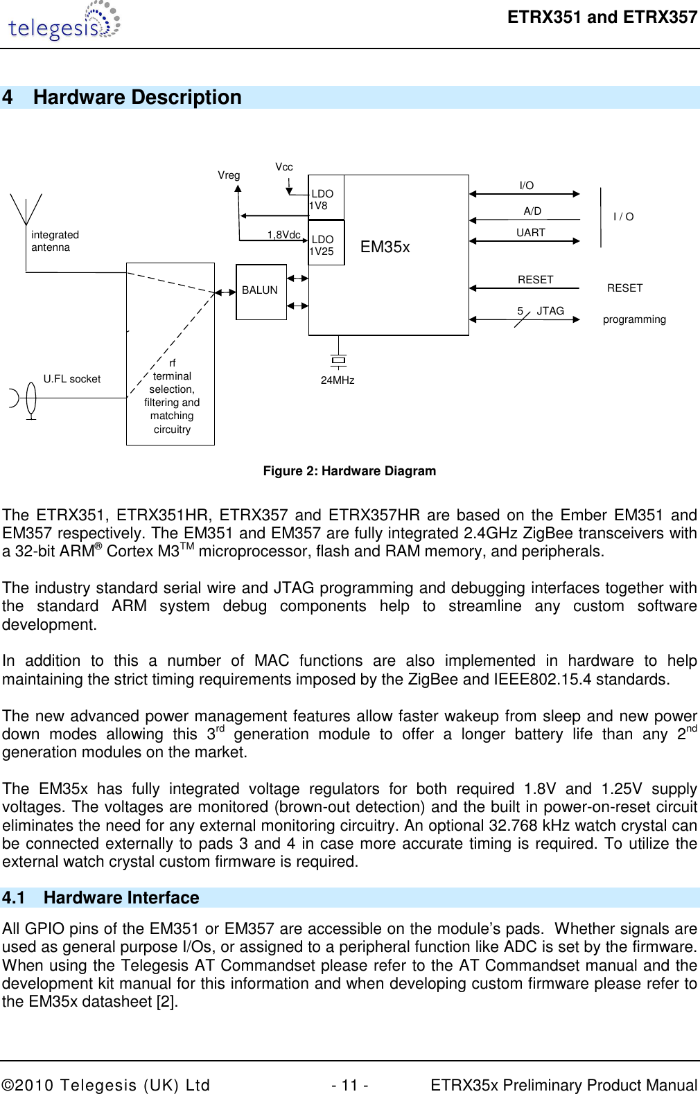  ETRX351 and ETRX357  ©2010 Telegesis (UK) Ltd  - 11 -  ETRX35x Preliminary Product Manual 4  Hardware Description    24MHz EM35x I/O UART I / O programming 5 JTAG Vcc Vreg RESET RESET BALUN integrated antenna U.FL socket rf terminal selection, filtering and matching circuitry    LDO 1V8 1,8Vdc A/D    LDO 1V25  Figure 2: Hardware Diagram  The ETRX351, ETRX351HR, ETRX357 and ETRX357HR are based on the Ember EM351 and EM357 respectively. The EM351 and EM357 are fully integrated 2.4GHz ZigBee transceivers with a 32-bit ARM® Cortex M3TM microprocessor, flash and RAM memory, and peripherals.  The industry standard serial wire and JTAG programming and debugging interfaces together with the  standard  ARM  system  debug  components  help  to  streamline  any  custom  software development.  In  addition  to  this  a  number  of  MAC  functions  are  also  implemented  in  hardware  to  help maintaining the strict timing requirements imposed by the ZigBee and IEEE802.15.4 standards.  The new advanced power management features allow faster wakeup from sleep and new power down  modes  allowing  this  3rd  generation  module  to  offer  a  longer  battery  life  than  any  2nd generation modules on the market.  The  EM35x  has  fully  integrated  voltage  regulators  for  both  required  1.8V  and  1.25V  supply voltages. The voltages are monitored (brown-out detection) and the built in power-on-reset circuit eliminates the need for any external monitoring circuitry. An optional 32.768 kHz watch crystal can be connected externally to pads 3 and 4 in case more accurate timing is required. To utilize the external watch crystal custom firmware is required. 4.1  Hardware Interface All GPIO pins of the EM351 or EM357 are accessible on the module’s pads.  Whether signals are used as general purpose I/Os, or assigned to a peripheral function like ADC is set by the firmware. When using the Telegesis AT Commandset please refer to the AT Commandset manual and the development kit manual for this information and when developing custom firmware please refer to the EM35x datasheet [2]. 
