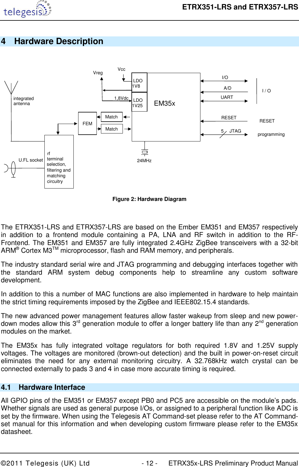  ETRX351-LRS and ETRX357-LRS  ©2011 Telegesis (UK) Ltd  - 12 -  ETRX35x-LRS Preliminary Product Manual 4  Hardware Description   24MHz EM35x I/O UART I / O programming 5 JTAG Vcc Vreg RESET RESET Match integrated antenna U.FL socket rf terminal selection, filtering and matching circuitry    LDO 1V8 1,8Vdc A/D    LDO 1V25 Match  FEM  Figure 2: Hardware Diagram  The ETRX351-LRS and ETRX357-LRS are based on the Ember EM351 and EM357 respectively in  addition  to  a  frontend  module  containing  a  PA,  LNA  and  RF  switch  in  addition  to  the  RF-Frontend. The EM351 and EM357 are fully integrated 2.4GHz ZigBee transceivers with a 32-bit ARM® Cortex M3TM microprocessor, flash and RAM memory, and peripherals. The industry standard serial wire and JTAG programming and debugging interfaces together with the  standard  ARM  system  debug  components  help  to  streamline  any  custom  software development. In addition to this a number of MAC functions are also implemented in hardware to help maintain the strict timing requirements imposed by the ZigBee and IEEE802.15.4 standards. The new advanced power management features allow faster wakeup from sleep and new power-down modes allow this 3rd generation module to offer a longer battery life than any 2nd generation modules on the market. The  EM35x  has  fully  integrated  voltage  regulators  for  both  required  1.8V  and  1.25V  supply voltages. The voltages are monitored (brown-out detection) and the built in power-on-reset circuit eliminates  the  need  for  any  external  monitoring  circuitry.  A  32.768kHz  watch  crystal  can  be connected externally to pads 3 and 4 in case more accurate timing is required. 4.1  Hardware Interface All GPIO pins of the EM351 or EM357 except PB0 and PC5 are accessible on the module‟s pads.  Whether signals are used as general purpose I/Os, or assigned to a peripheral function like ADC is set by the firmware. When using the Telegesis AT Command-set please refer to the AT Command-set manual for this information and when developing custom firmware please refer to the EM35x datasheet. 