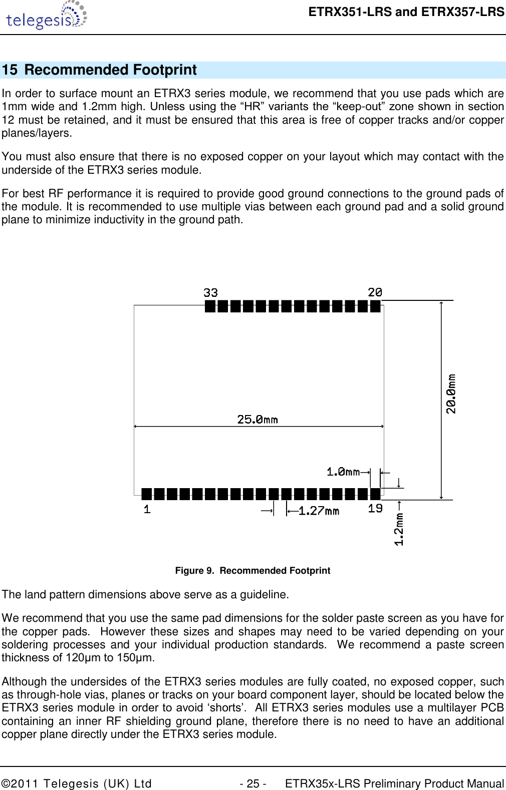  ETRX351-LRS and ETRX357-LRS  ©2011 Telegesis (UK) Ltd  - 25 -  ETRX35x-LRS Preliminary Product Manual 15 Recommended Footprint In order to surface mount an ETRX3 series module, we recommend that you use pads which are 1mm wide and 1.2mm high. Unless using the “HR” variants the “keep-out” zone shown in section 12 must be retained, and it must be ensured that this area is free of copper tracks and/or copper planes/layers.  You must also ensure that there is no exposed copper on your layout which may contact with the underside of the ETRX3 series module.  For best RF performance it is required to provide good ground connections to the ground pads of the module. It is recommended to use multiple vias between each ground pad and a solid ground plane to minimize inductivity in the ground path.  Figure 9.  Recommended Footprint The land pattern dimensions above serve as a guideline. We recommend that you use the same pad dimensions for the solder paste screen as you have for the copper  pads.  However these sizes and  shapes may need to be varied depending on your soldering processes  and your  individual production  standards.  We  recommend a  paste screen thickness of 120μm to 150μm. Although the undersides of the ETRX3 series modules are fully coated, no exposed copper, such as through-hole vias, planes or tracks on your board component layer, should be located below the ETRX3 series module in order to avoid „shorts‟.  All ETRX3 series modules use a multilayer PCB containing an inner RF shielding ground plane, therefore there is no need to have an additional copper plane directly under the ETRX3 series module. 