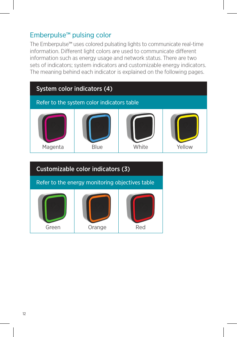 System color indicators (4)Refer to the system color indicators tableMagenta Blue White YellowCustomizable color indicators (3)Refer to the energy monitoring objectives tableGreen Orange RedEmberpulse™ pulsing colorThe Emberpulse™ uses colored pulsating lights to communicate real-time information. Different light colors are used to communicate different information such as energy usage and network status. There are two sets of indicators; system indicators and customizable energy indicators. The meaning behind each indicator is explained on the following pages.12