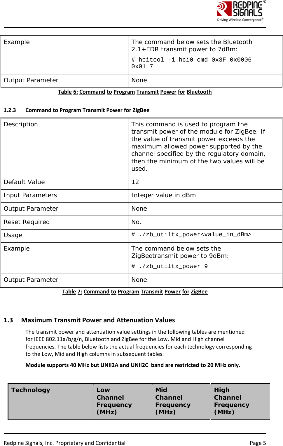    Redpine Signals, Inc. Proprietary and Confidential Page 5 Example  The command below sets the Bluetooth 2.1+EDR transmit power to 7dBm: # hcitool -i hci0 cmd 0x3F 0x0006 0x01 7 Output Parameter  None  Table 6: Command to Program Transmit Power for Bluetooth  1.2.3 Command to Program Transmit Power for ZigBee Description This command is used to program the transmit power of the module for ZigBee. If the value of transmit power exceeds the maximum allowed power supported by the channel specified by the regulatory domain, then the minimum of the two values will be used. Default Value  12 Input Parameters  Integer value in dBm Output Parameter  None  Reset Required  No.  Usage  # ./zb_utiltx_power&lt;value_in_dBm&gt; Example  The command below sets the ZigBeetransmit power to 9dBm: # ./zb_utiltx_power 9 Output Parameter  None  Table 7: Command to Program Transmit Power for ZigBee   1.3 Maximum Transmit Power and Attenuation Values The transmit power and attenuation value settings in the following tables are mentioned for IEEE 802.11a/b/g/n, Bluetooth and ZigBee for the Low, Mid and High channel frequencies. The table below lists the actual frequencies for each technology corresponding to the Low, Mid and High columns in subsequent tables.  Module supports 40 MHz but UNII2A and UNII2C  band are restricted to 20 MHz only.  Technology Low Channel Frequency (MHz) Mid Channel Frequency (MHz) High Channel Frequency (MHz) 