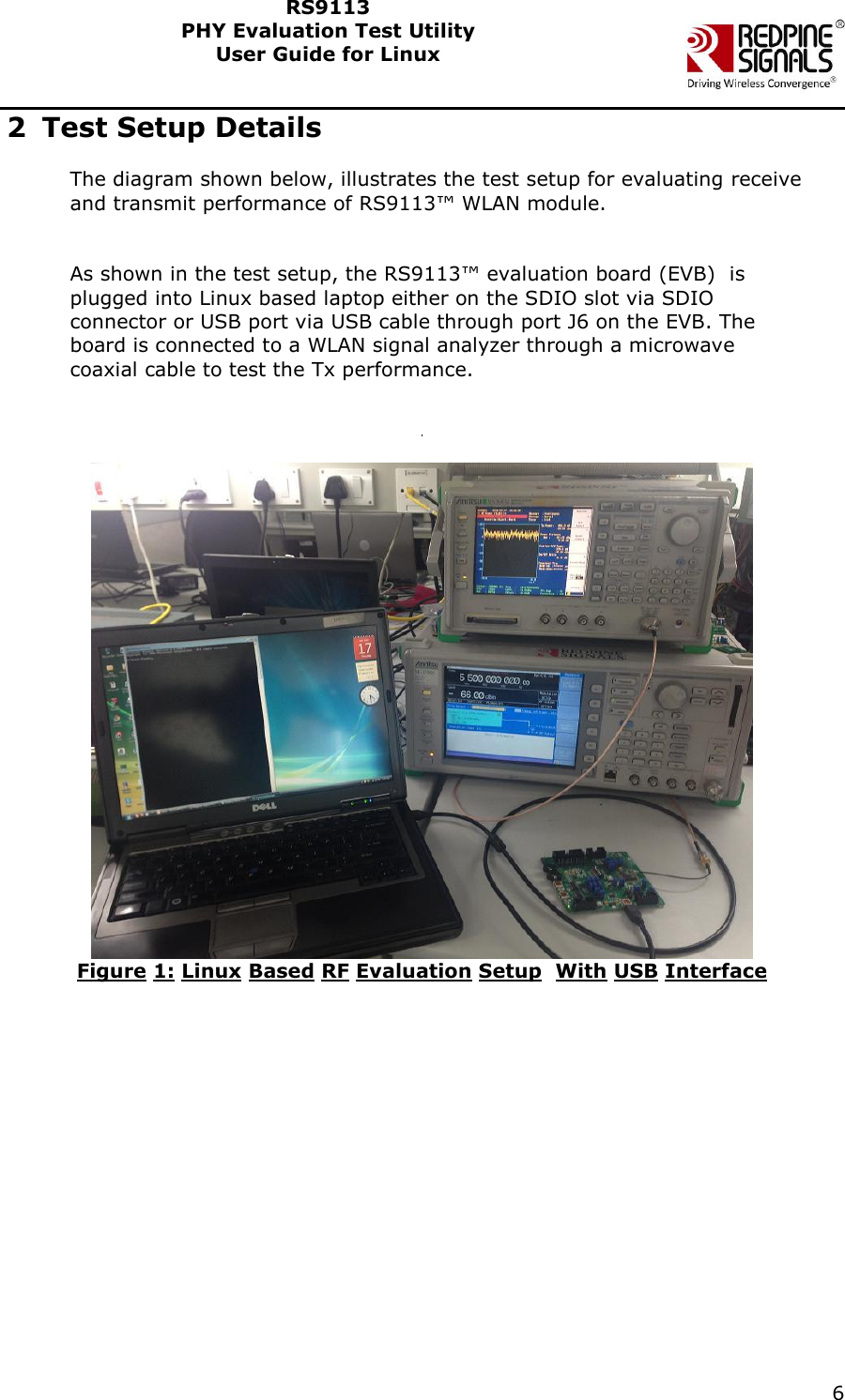    6  RS9113 PHY Evaluation Test Utility  User Guide for Linux  2 Test Setup Details The diagram shown below, illustrates the test setup for evaluating receive and transmit performance of RS9113™ WLAN module.  As shown in the test setup, the RS9113™ evaluation board (EVB)  is plugged into Linux based laptop either on the SDIO slot via SDIO connector or USB port via USB cable through port J6 on the EVB. The board is connected to a WLAN signal analyzer through a microwave coaxial cable to test the Tx performance.     Figure 1: Linux Based RF Evaluation Setup  With USB Interface 