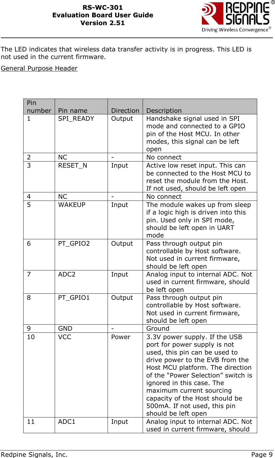     Redpine Signals, Inc.     Page 9 RRSS--WWCC--330011    EEvvaalluuaattiioonn  BBooaarrdd  UUsseerr  GGuuiiddee  VVeerrssiioonn  22..5511    The LED indicates that wireless data transfer activity is in progress. This LED is not used in the current firmware. General Purpose Header   Pin number Pin name Direction Description 1 SPI_READY Output Handshake signal used in SPI mode and connected to a GPIO pin of the Host MCU. In other modes, this signal can be left open 2 NC - No connect 3 RESET_N Input Active low reset input. This can be connected to the Host MCU to reset the module from the Host. If not used, should be left open 4 NC - No connect 5 WAKEUP Input The module wakes up from sleep if a logic high is driven into this pin. Used only in SPI mode, should be left open in UART mode 6 PT_GPIO2 Output Pass through output pin controllable by Host software. Not used in current firmware, should be left open 7 ADC2 Input Analog input to internal ADC. Not used in current firmware, should be left open 8 PT_GPIO1 Output Pass through output pin controllable by Host software. Not used in current firmware, should be left open 9 GND - Ground 10 VCC Power 3.3V power supply. If the USB port for power supply is not used, this pin can be used to drive power to the EVB from the Host MCU platform. The direction of the “Power Selection” switch is ignored in this case. The maximum current sourcing capacity of the Host should be 500mA. If not used, this pin should be left open 11 ADC1 Input Analog input to internal ADC. Not used in current firmware, should 