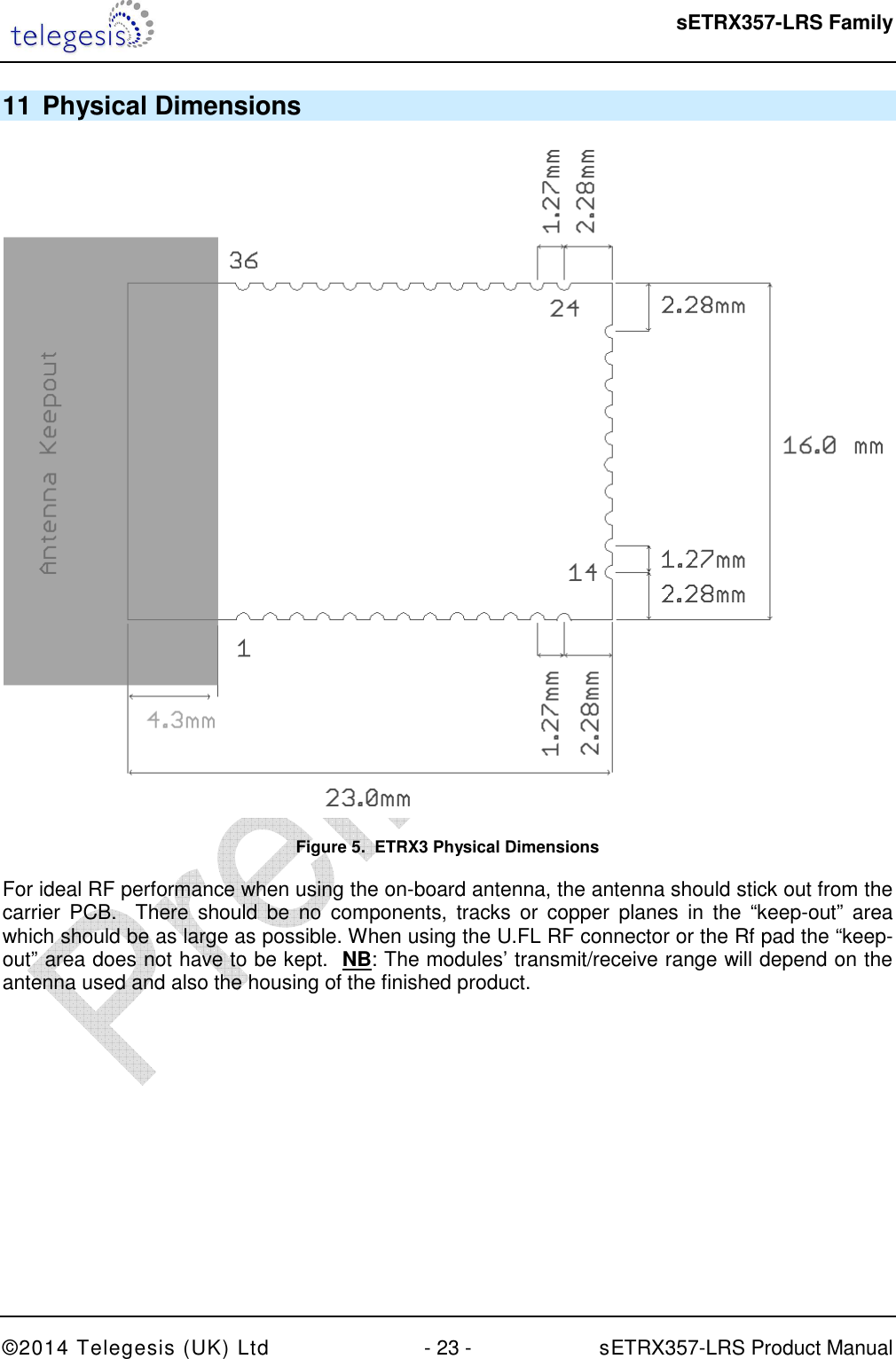  sETRX357-LRS Family ©2014 Telegesis (UK) Ltd  - 23 -          sETRX357-LRS Product Manual  11 Physical Dimensions  Figure 5.  ETRX3 Physical Dimensions For ideal RF performance when using the on-board antenna, the antenna should stick out from the carrier  PCB.   There  should  be  no  components,  tracks  or  copper  planes  in  the  “keep-out”  area which should be as large as possible. When using the U.FL RF connector or the Rf pad the “keep-out” area does not have to be kept.  NB: The modules’ transmit/receive range will depend on the antenna used and also the housing of the finished product. 