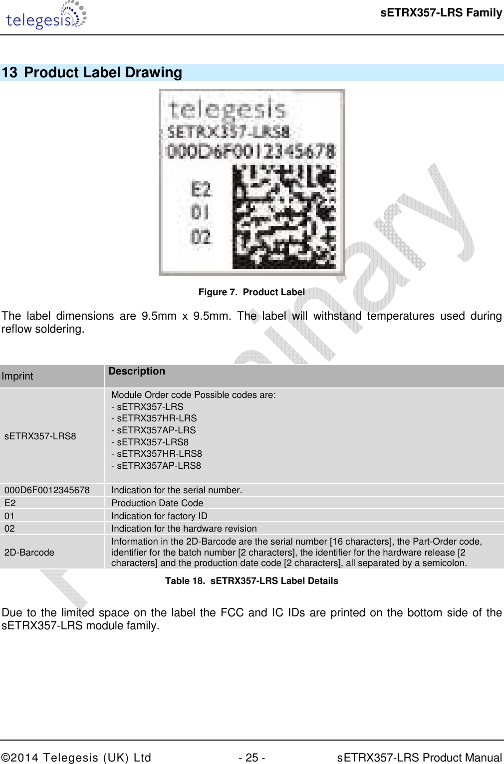  sETRX357-LRS Family ©2014 Telegesis (UK) Ltd  - 25 -          sETRX357-LRS Product Manual   13 Product Label Drawing  Figure 7.  Product Label The  label  dimensions  are  9.5mm  x  9.5mm.  The  label  will  withstand  temperatures  used  during reflow soldering.    Imprint Description sETRX357-LRS8 Module Order code Possible codes are:  - sETRX357-LRS - sETRX357HR-LRS - sETRX357AP-LRS - sETRX357-LRS8 - sETRX357HR-LRS8 - sETRX357AP-LRS8  000D6F0012345678  Indication for the serial number. E2  Production Date Code  01  Indication for factory ID 02  Indication for the hardware revision 2D-Barcode  Information in the 2D-Barcode are the serial number [16 characters], the Part-Order code, identifier for the batch number [2 characters], the identifier for the hardware release [2 characters] and the production date code [2 characters], all separated by a semicolon. Table 18.  sETRX357-LRS Label Details  Due to the limited space on the label the FCC and IC IDs are printed on the bottom side of the sETRX357-LRS module family.        